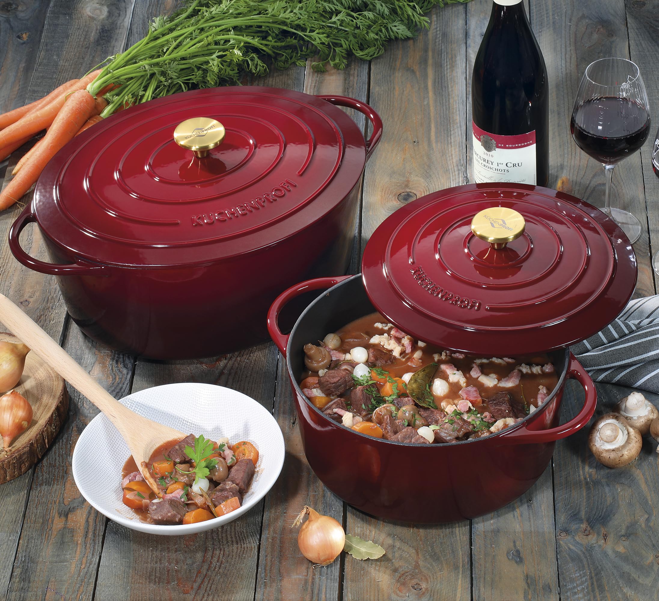 KÜCHENPROFI Gusseisen Bräter oval mit Deckel, 33 cm, emailliert, médoc | Schmortopf, für Backofen und Grillgerät, induktionsgeeignet, energieeffizient, pflegeleicht, emailliert