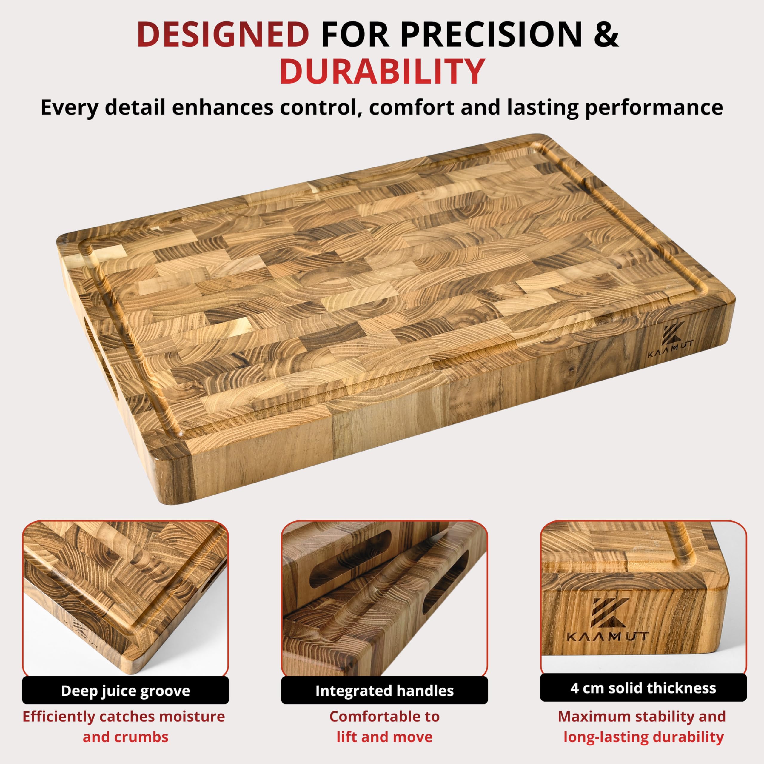Tabla de Cortar en Teca Maciza de Testa – 45×30×4 cm – Extra Gruesa y Duradera – Con Canal para Jugos, Asas y Pies Antideslizantes – Caja de Regalo Incluida