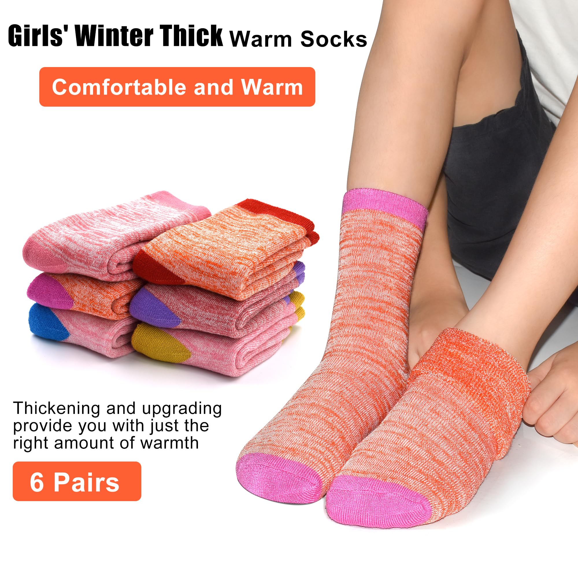 ZERULETS Calcetines gruesos para niños y niñas, calcetines cálidos de invierno para senderismo, calcetines cálidos para niños pequeños, calcetines térmicos para cabina, 6 pares para 3 a 14 años