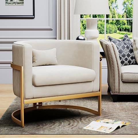 Velvet Accent Chair Ivory Modern Barrel Chair with Gold Legs