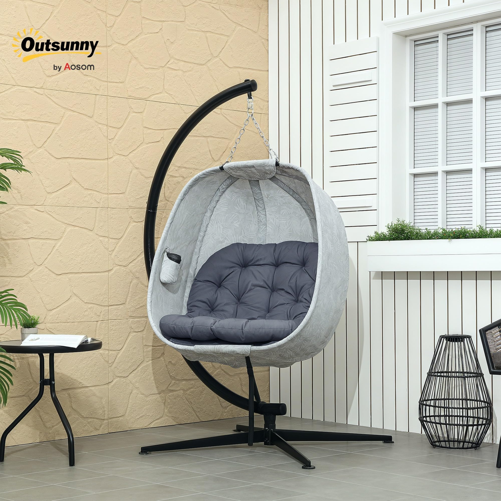 Outsunny Hängesessel mit Gestell, Faltbar Eiförmiger Hängeschaukel mit weichem Sitzpolstern, Hängematte für den Außenbereich Schaukelsessel Indoor Outdoor, Terrasse, Garten, Grau