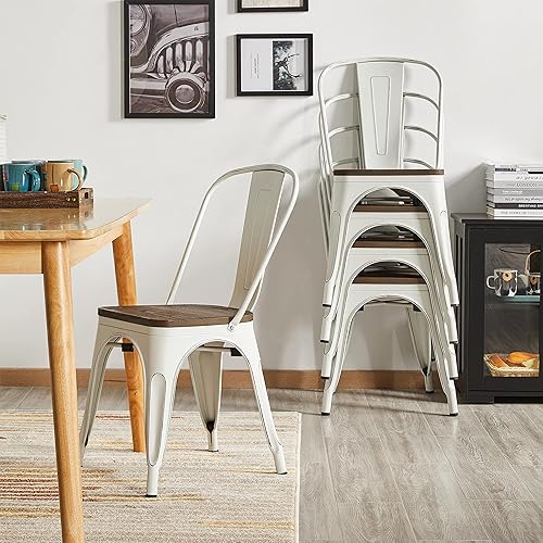 Miniatura 9 de Yaheetech Metal Dining Chairs Set of 4, Industrial Stackable Kitchen Chairs with Wood Top Seat for Dining Room/Restaurant/Bistro/Patio, Indoor &