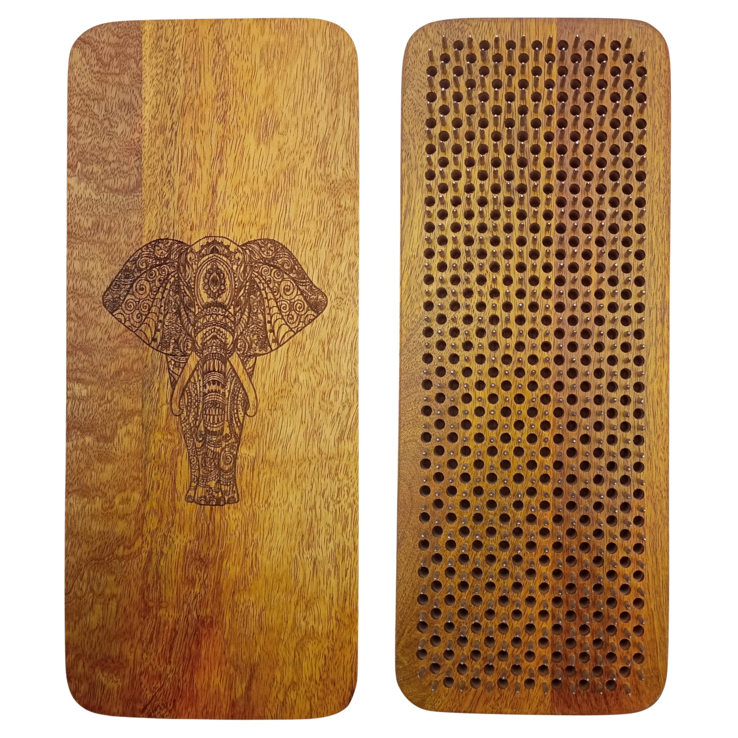 SattesGrün® Sadhu Board aus Mangoholz mit Elefantenmotiv – Handgefertigtes Nagelbrett, 4 Nagelabstände für Yoga, Meditation & Achtsamkeit