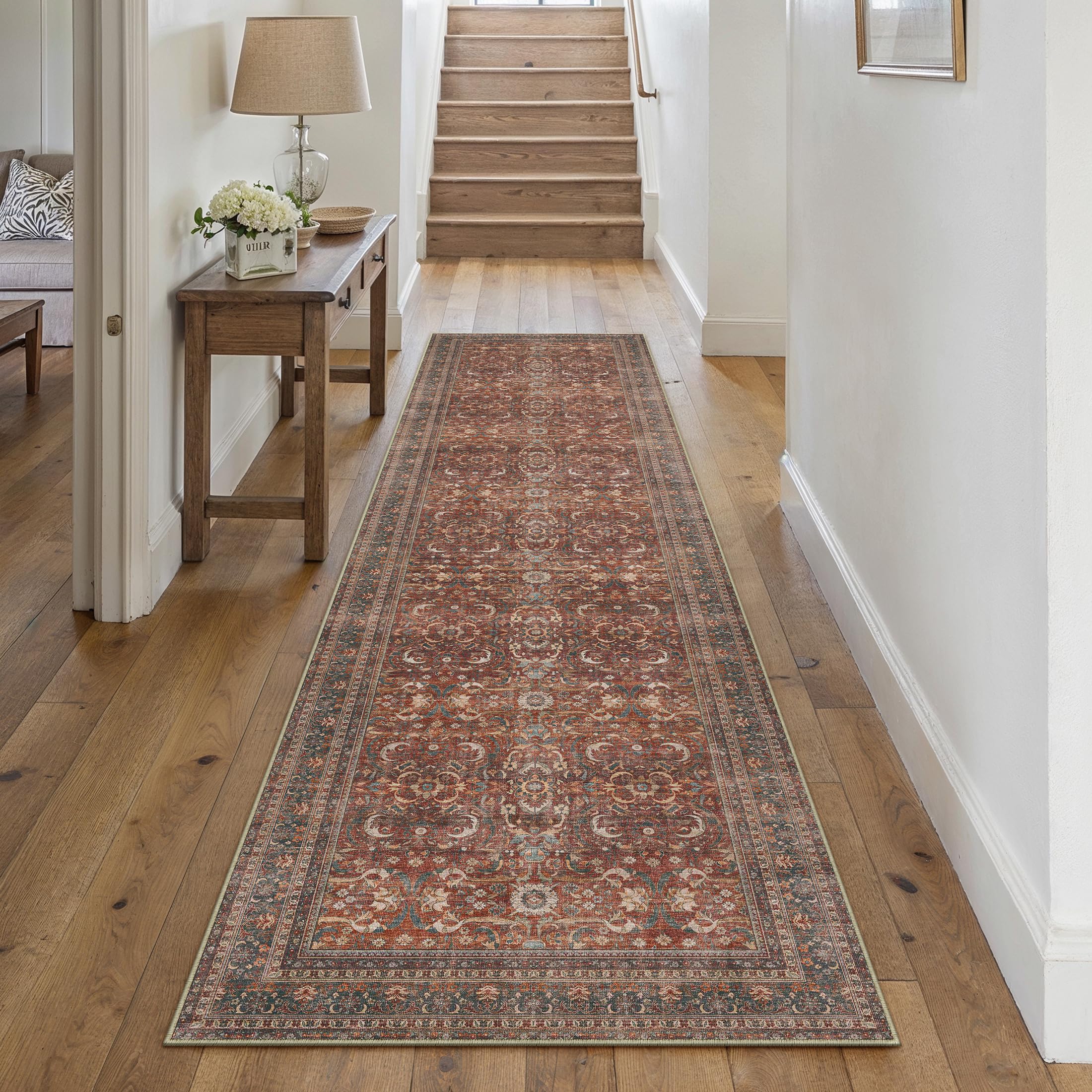 hugear 2x8 runner rug hallway vintage brick red machine washable retro floral low pile carpet vacuumable distressed long throw rug bedroom office bathroom kitchen laundry non slip soft lightweight