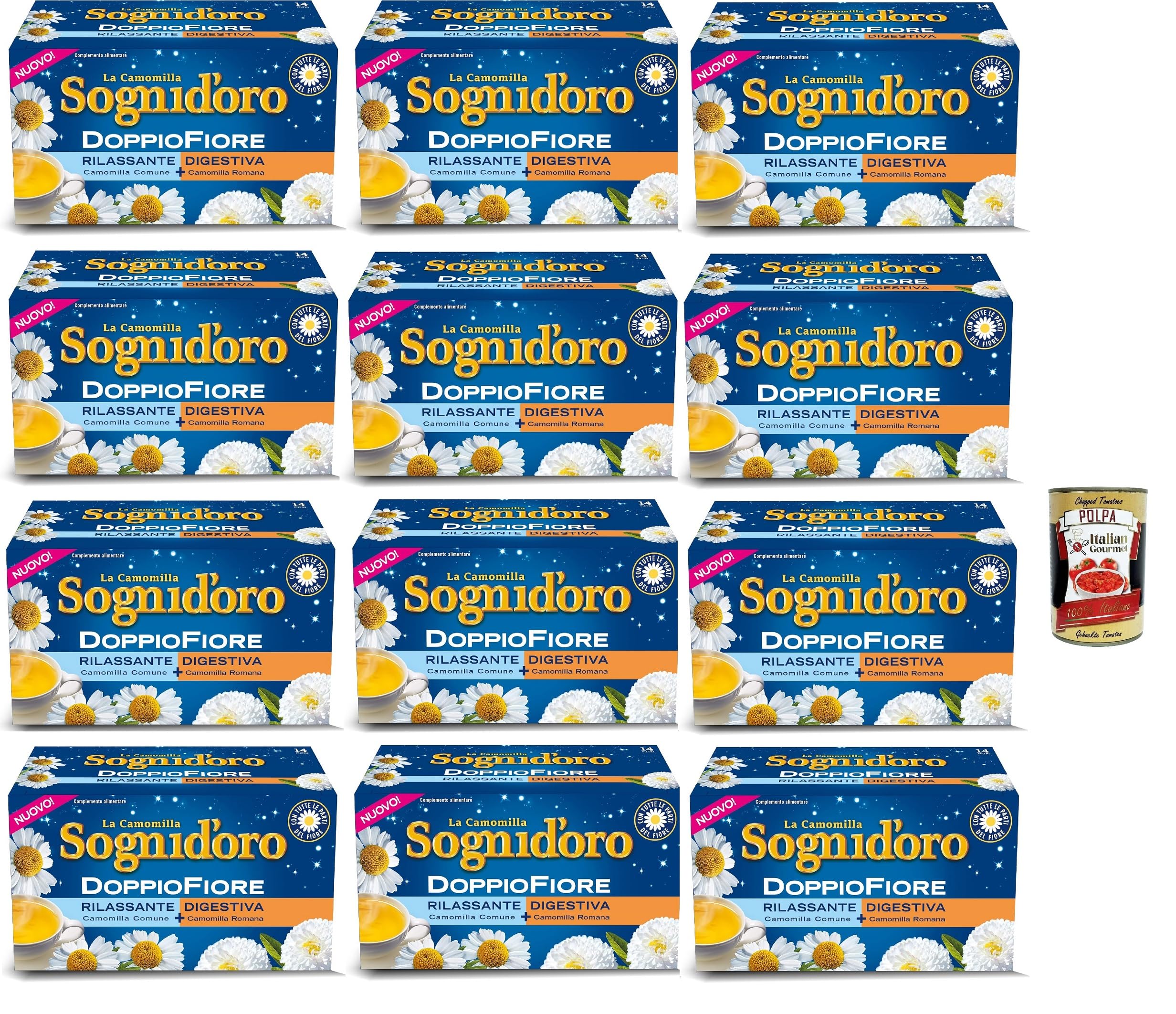 Italian Gourmet Sogni d'oro Camomilla Doppio Fiore 12 x 25,2g, Kräutertee | Infuso senza caffeina; entspannende Filterbeutel nach dem Essen oder, Gesamtnettogewicht 302,4 g + Kostenlos Polpa 400g