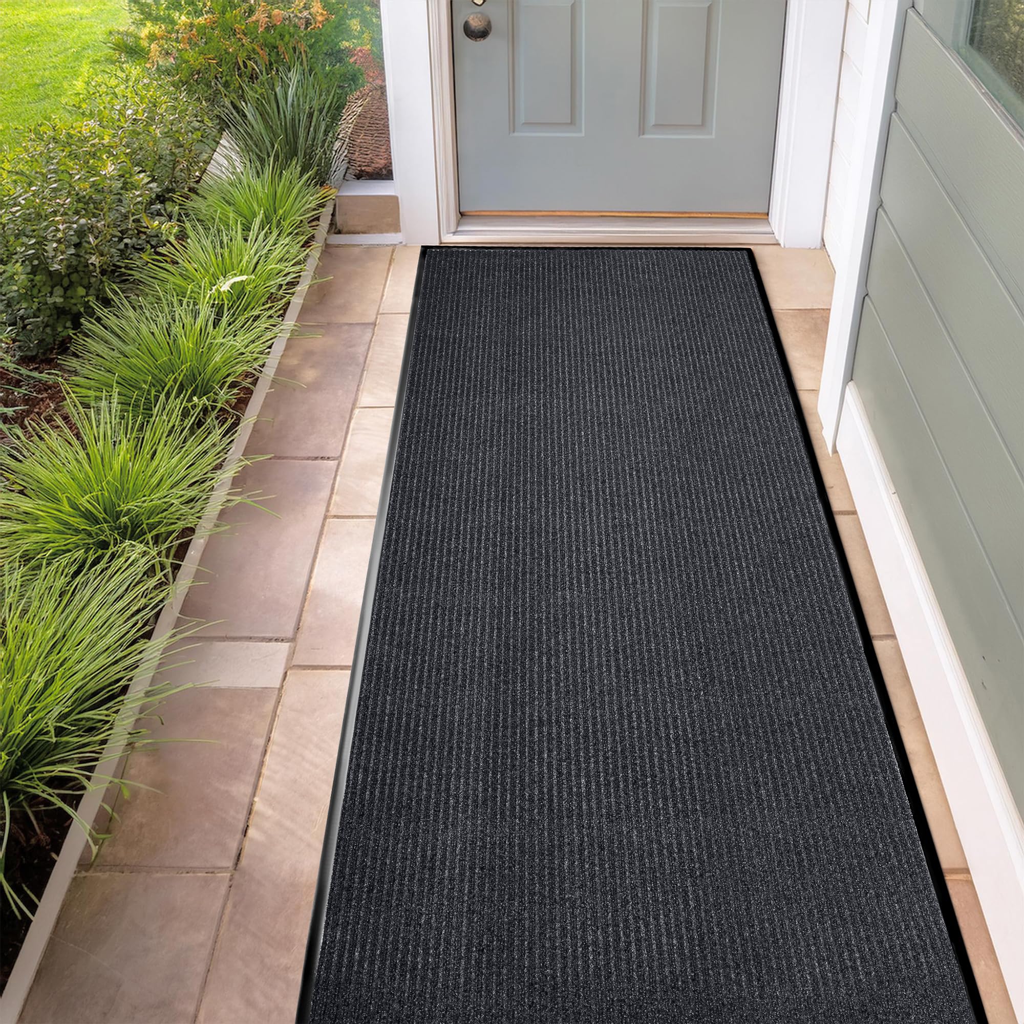 Durable Rubber Door Mat - Heavy Duty, Indoor/Outdoor, Easy Clean, Waterproof, Low-Profile Mat for Entry, Patio, Garage - Stylish (Charcoal, 10' x 3' (Mud Trapper))