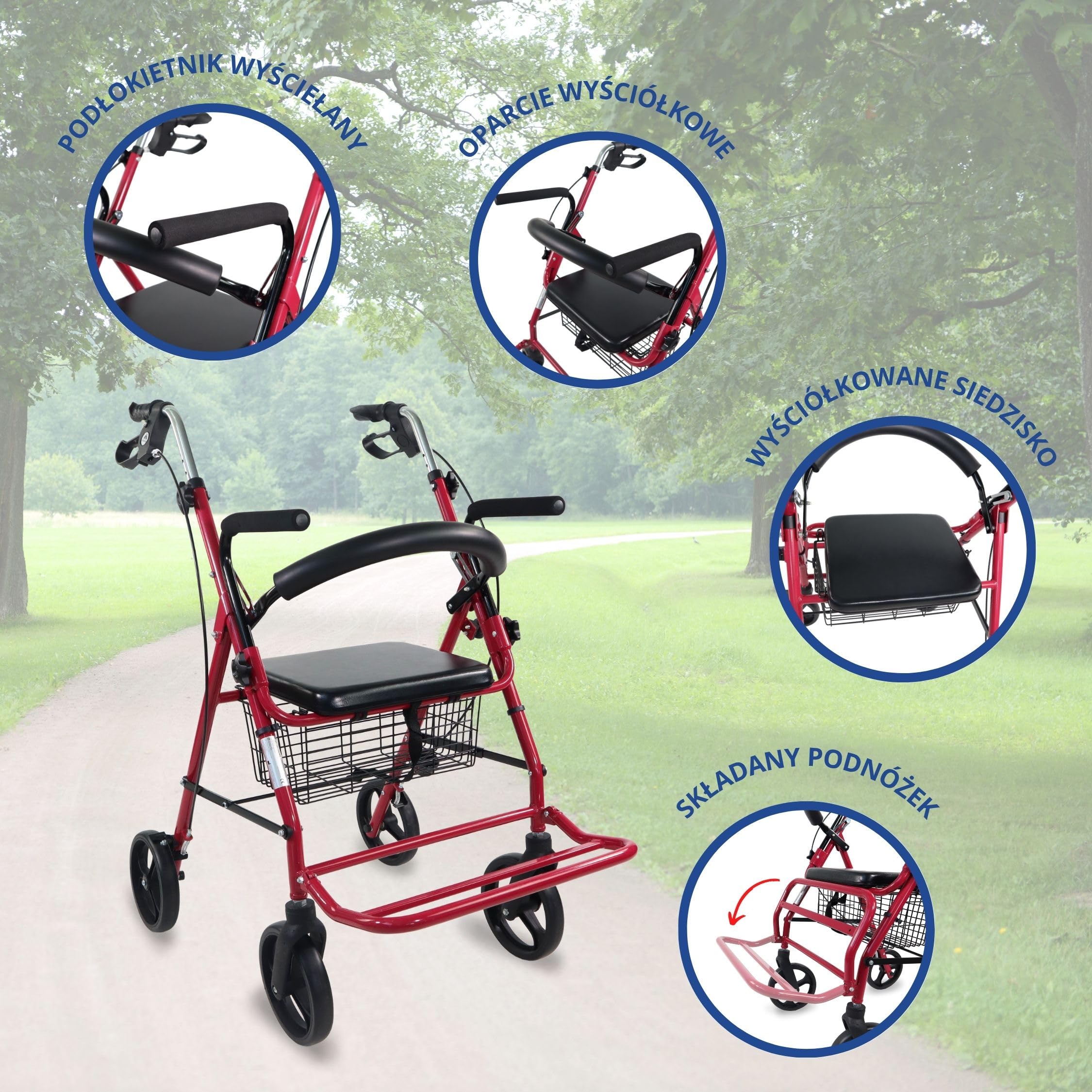 Mobiclinic® pro, Model colon, Spacerownik dla osób niepełnosprawnych, Starszych, Dorosłych lub w podeszłym wieku, Aluminiowy, Lekki, Składany, Z siedziskiem i 4 kołami. kolor bordeaux
