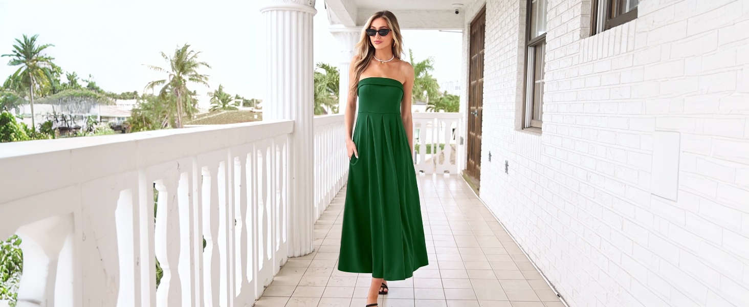 PRETTYGARDEN Cocktail Dresses for Women 2026 Summer Formal Elegant Tube Top Strapless Spring Wedding Guest Party Midi Dress(Army Green,X-Small) : Clothing, Shoes & Jewelry