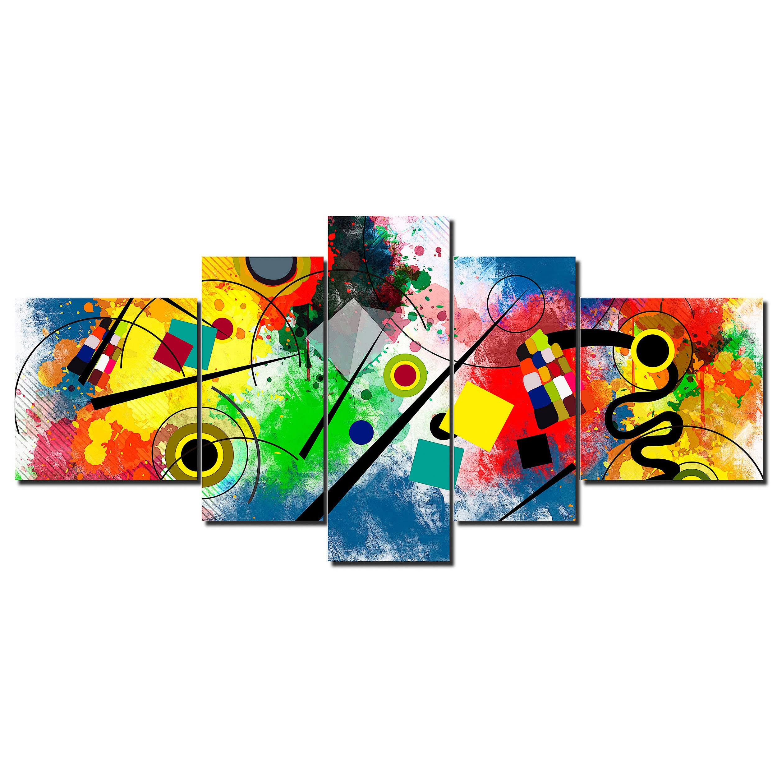 DekoArte - Cuadros Modernos Impresión Imagen Artística | 5 Piezas 180x85cm | Lienzo Decorativo Para Tu Salón o Dormitorio | Estilo Abstractos Moderno Arte Kandinsky Rojo Azul XXL