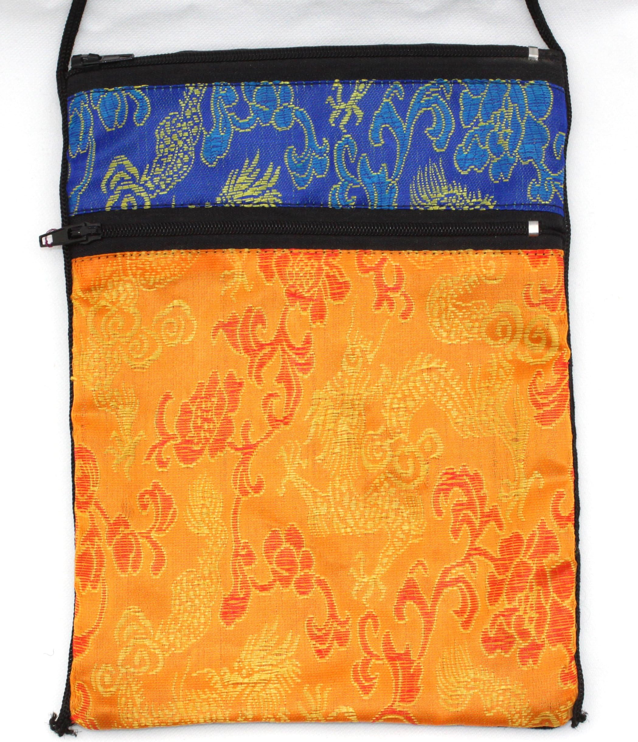 Orange and Blue Tarot or Passport Bag in Retired Sari Rayon Brocade