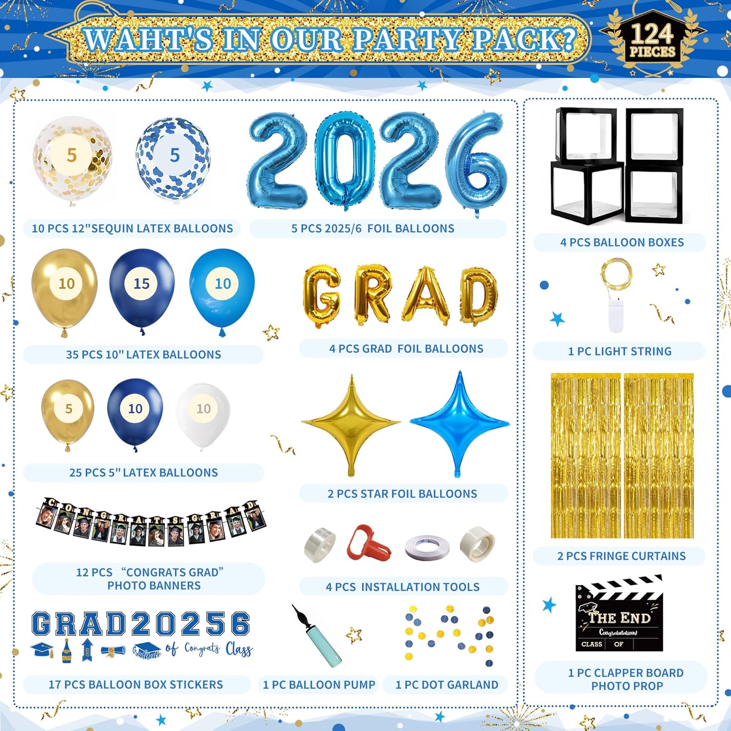 Party Spot！2026 Blue and Gold Graduation Party Decorations,124 PCS Graduation Decorations Class of 2026,4 PCS Balloons Boxes with LED Light String & Letters 2026 GRAD So Proud of You