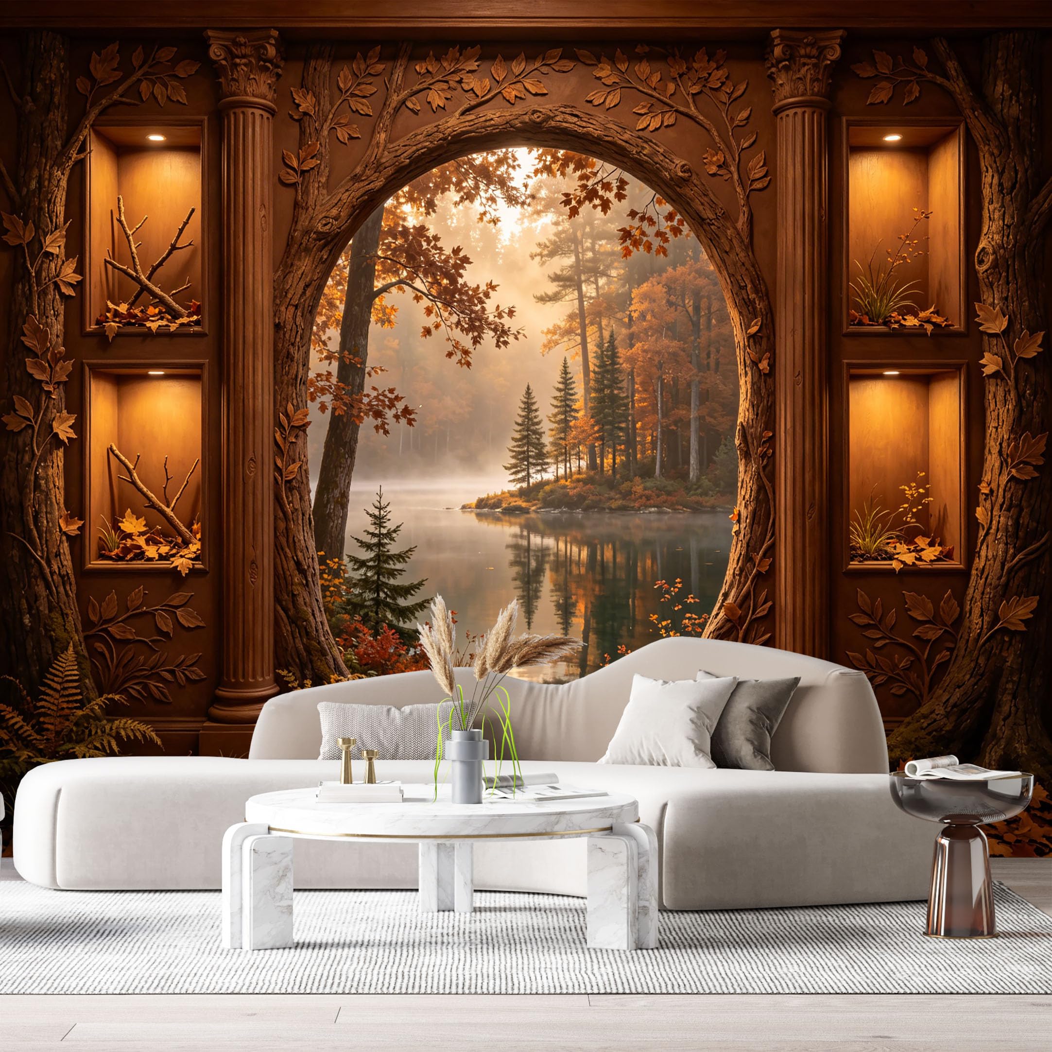 Custom Size Wall Murals Fantasy Archway Autumn Forest Lake Landscape 3D Trompe L'Oeil SelfAdhesiveWall Fabric Removable Wallpaper Wall Decor for Living Room Bedroom Bathroom