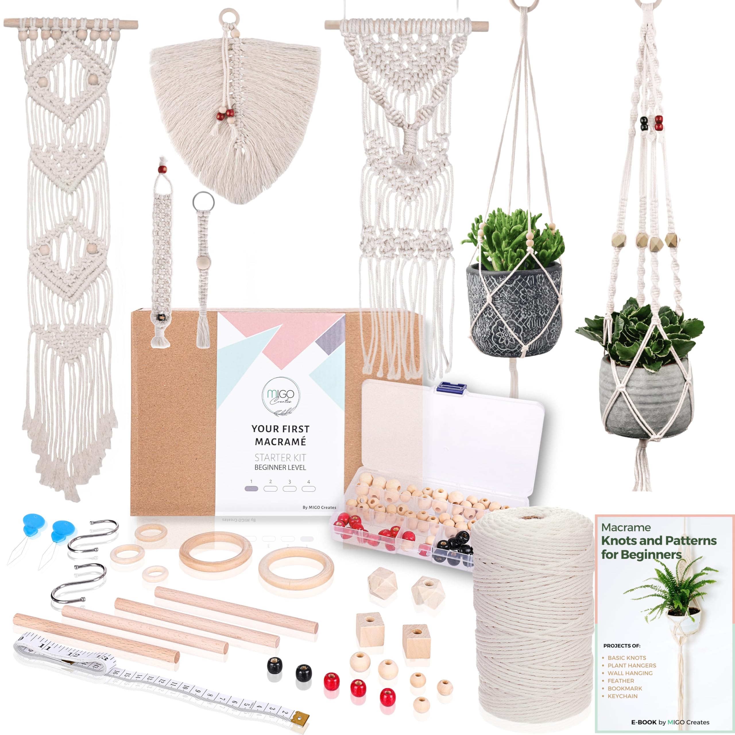 MIGO Creates Macrame Kits for Adults Beginners with 126 Macrame Supplies and 7 Projects E-Book: DIY Macrame Kit with 165 Yards Macrame Cord and Craft Supplies & Materials to Start Macrame!
