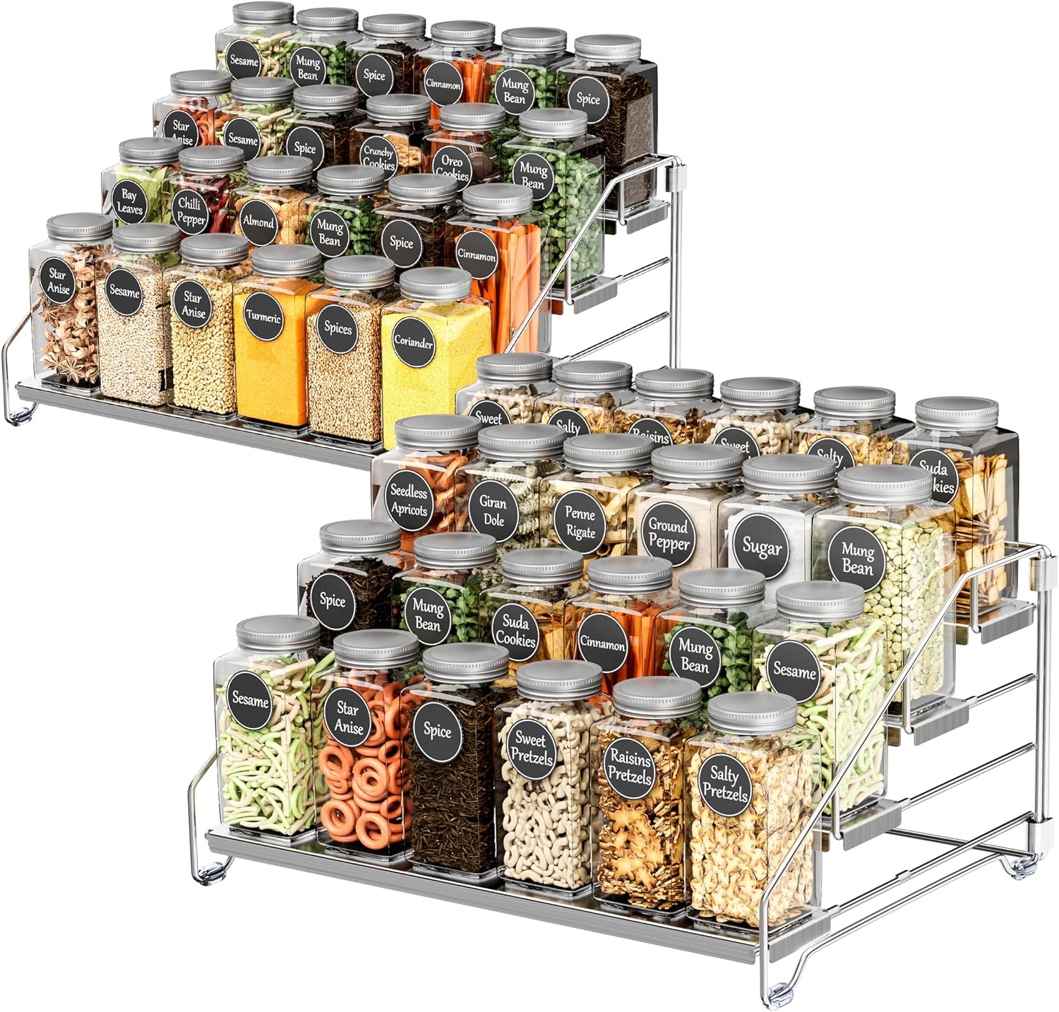Heavy Duty Spice Rack for Cabinet, Space Saving 4 Tier Spice Organization for Cabinet, Adjustable Depth Spice Shelf for Cabinet, Counter, Pantry - Chrome, 2 Pack