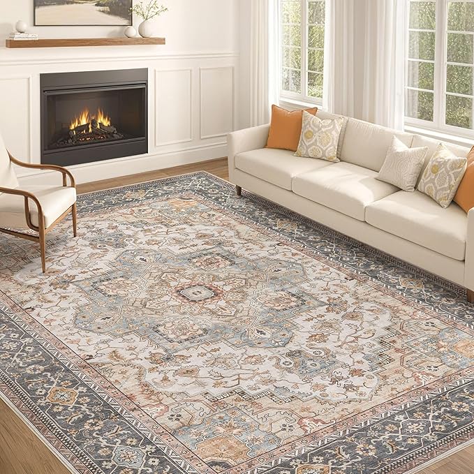 Washable Area Rugs for Living Room - 10x14 Neutral Vintage Distressed Floral Farmhouse Boho Large Soft Floor Rug Indoor Non Slip Carpet for Bedroom Dining Room Office - Forest Green Orange