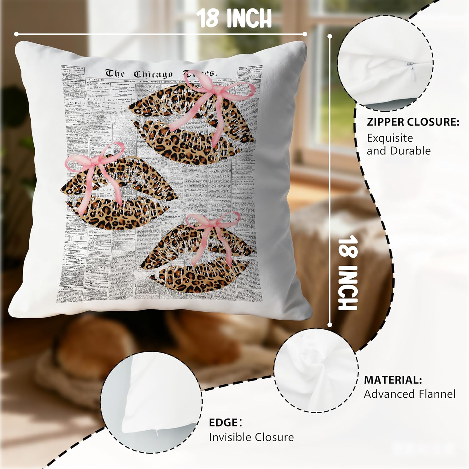 Pink Bow Leopard Lips Pillow Covers 18x18, Cheetah Print Room Decor, Retro Trendy Girly Leopard Kiss Lips Decorative Throw Pillow Covers for Home Bedroom Girls Room Dorm - Image 6