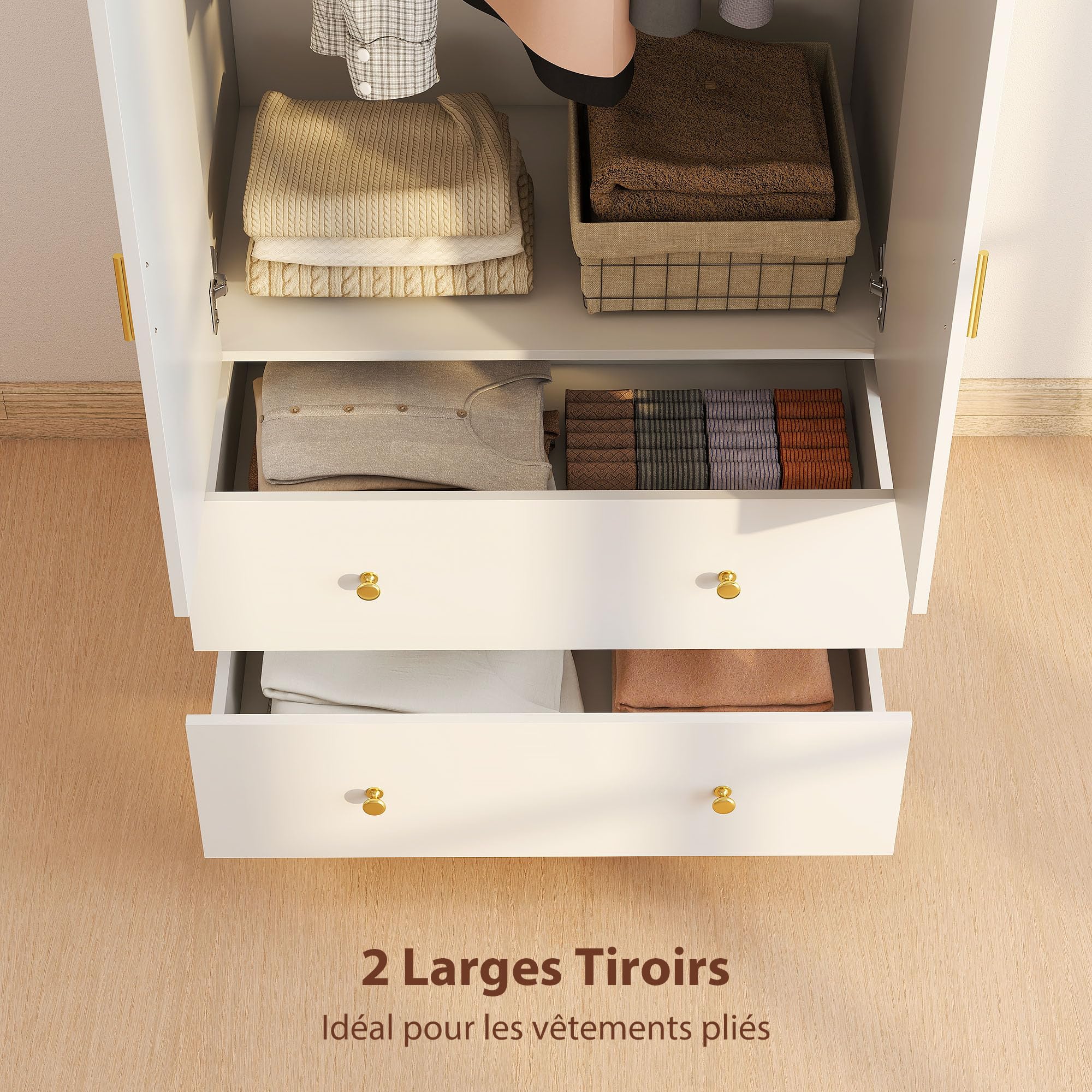 HOMCOM Armoire Chambre penderie avec Miroir, 2 Portes, Armoire à vêtements, Dressing avec 2 tiroirs et Barre de Suspension, Style Moderne, 80 x 50 x 180 cm, Blanc