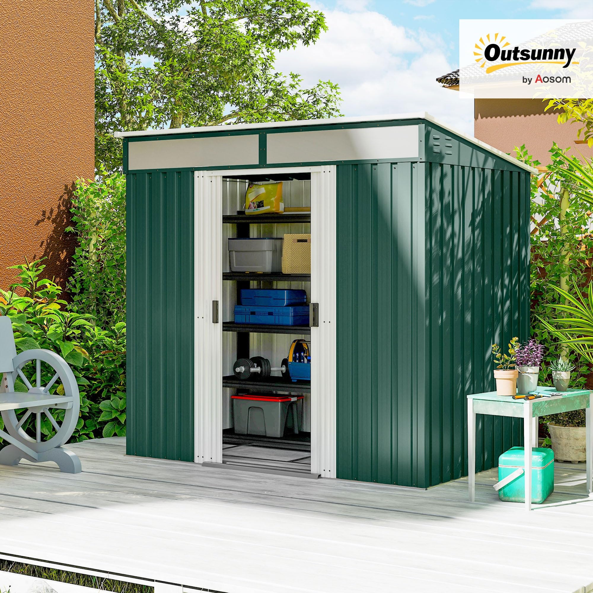 Outsunny Caseta de Jardín Exterior 2 m² 195x122x181,5 cm Cobertizo de Jardín Exterior Metálica con Base SIN Suelo 2 Puertas Correderas Ventanas y Ganchos para Herramientas Verde