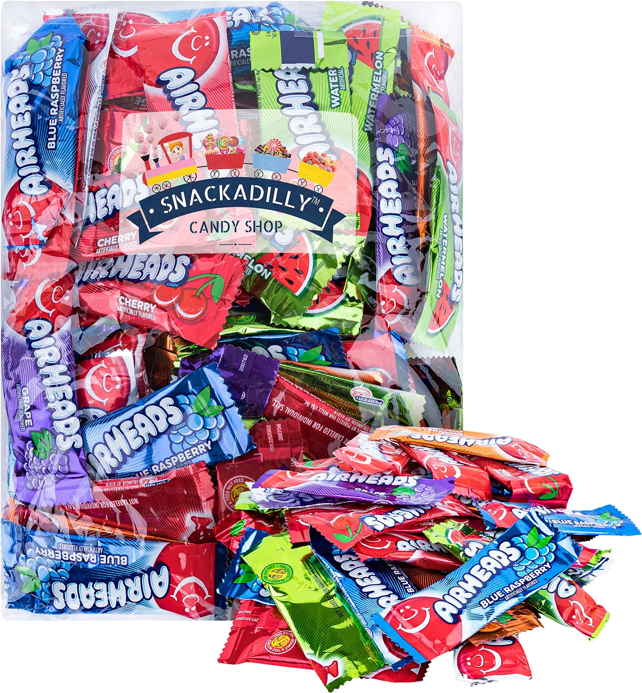 Airheadz Mini Bars Assortment - Cherry, Orange, Lime, Blue Raspberry, & White Mystery Flavors 1.5lb Bag Packaged By Snackadilly