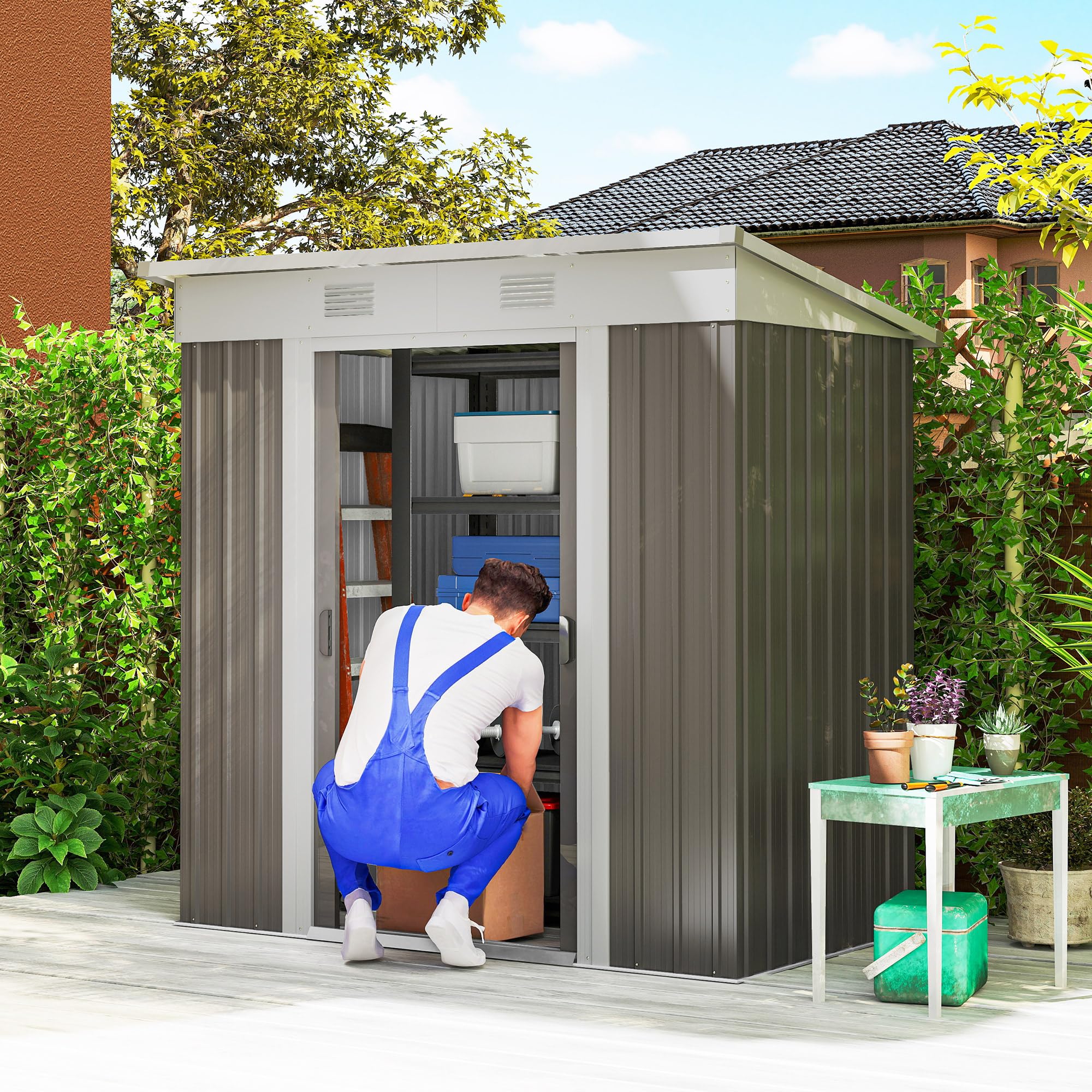 Outsunny 7' x 4' Outdoor Storage Shed, Metal Garden Tool Storage House Organizer with Lockable Sliding Doors and Vents for Backyard Patio Lawn, Charcoal Grey — view 16