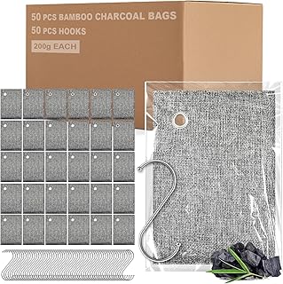 Timgle 50 Pack Bamboo Charcoal Bags Odor Absorber 200g with Hooks Bulk Nature Fresh Air Purifying Bags Bamboo Charcoal Air Purifying Bags Activated Charcoal Odor Absorbers for Home Car Shoe Closet