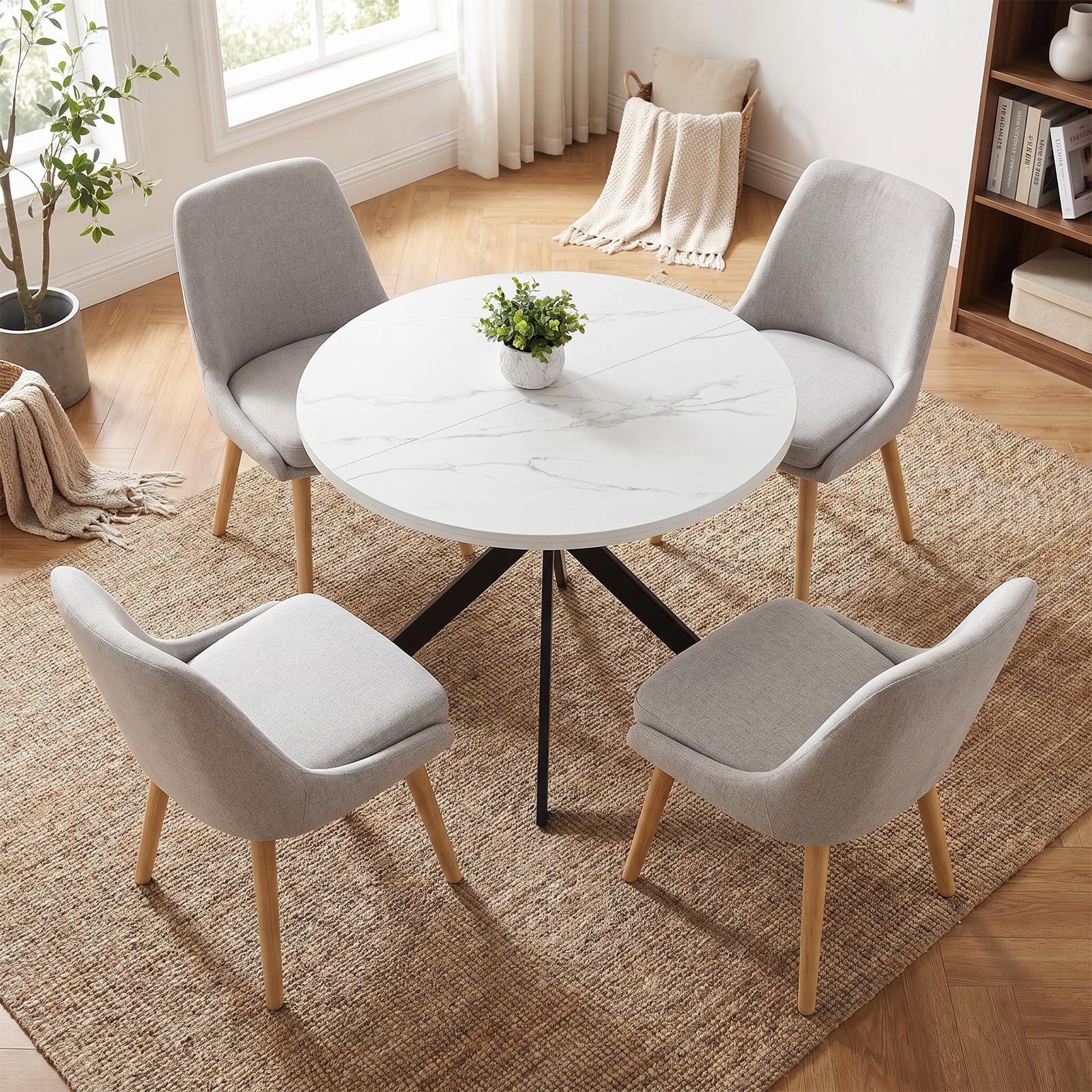 Table à Manger Ronde 100cm,Table de Cuisine en Bois Blanc Aspect Marbre,Salle à Manger,Cuisine,Ronde Bois,Plateau MDF Épaissi 3cm, pour 4-6 Personnes,100x100x75cm,Blanc