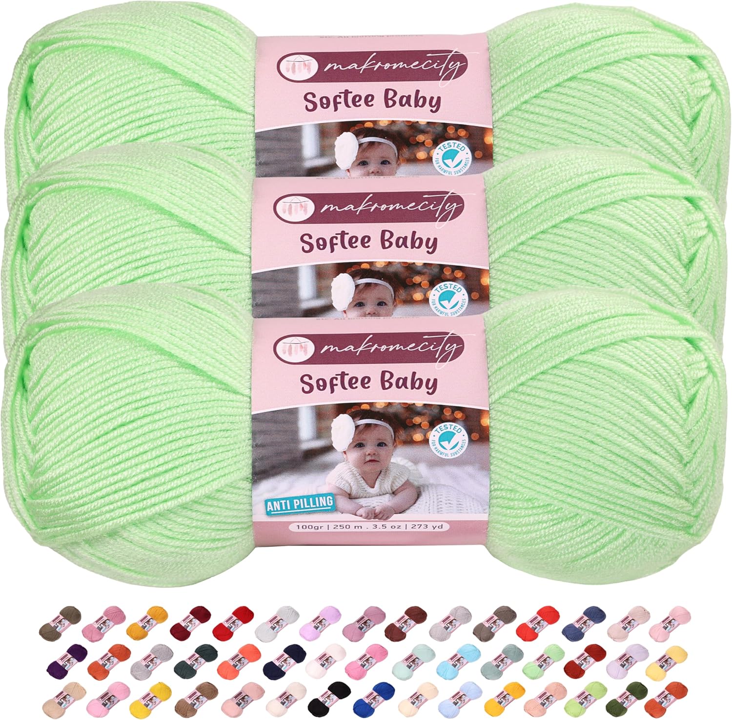 3 Skeins of Makromecity Softee Baby Yarn,%100 Premium Anti-Pilling Acrylic, 3.5 Oz, 273 yd (100gr/250 mt) Each, Soft Yarn for Crocheting and Knitting (Light Green, 3 Skeins)