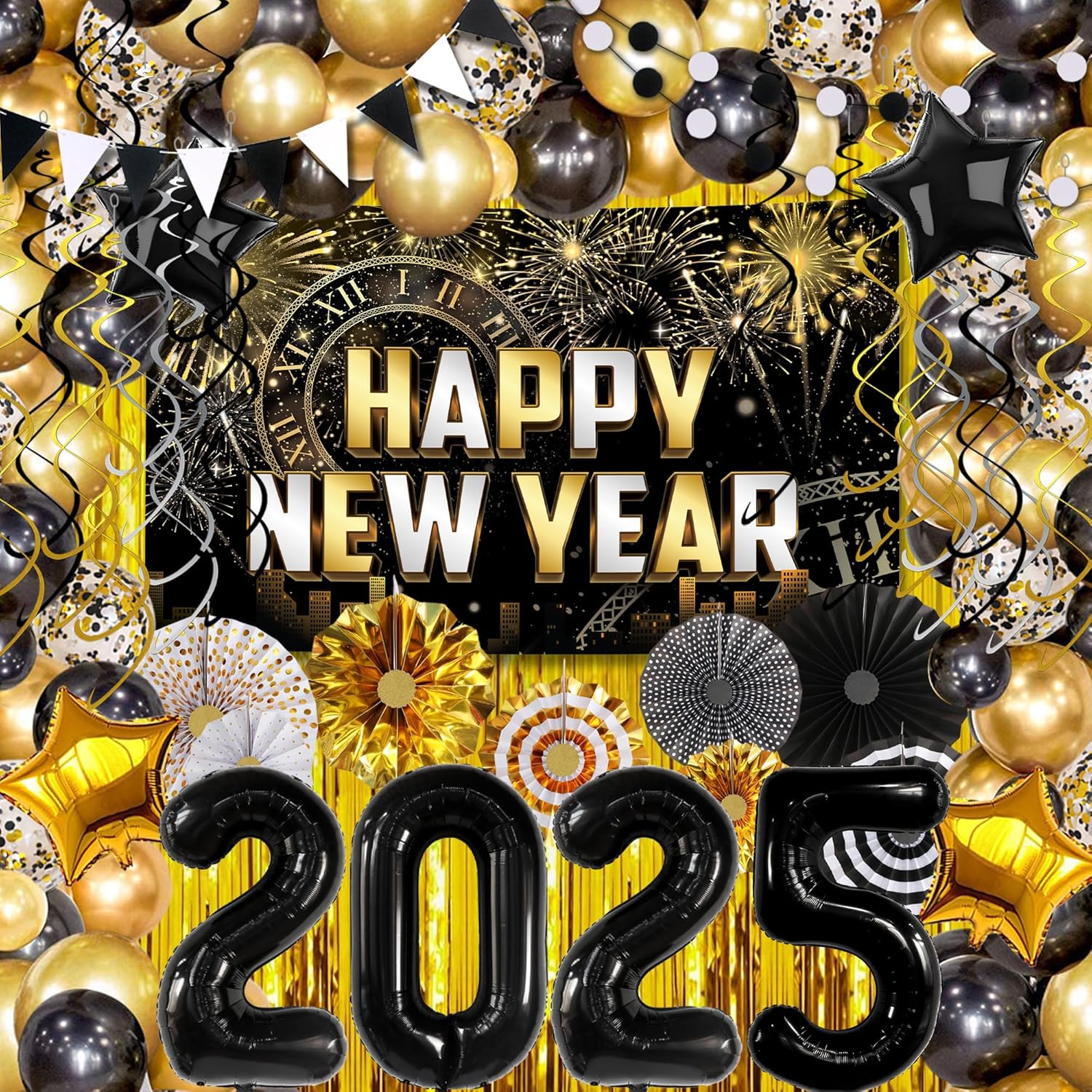 XtraLarge Happy New Year Banner - 72x44 Inch and Black and Gold New Years Decorations 2025 - Huge Pack of 115 | 2025 Balloons for Happy New Year Decorations 2025 | New Years Eve Party Supplies 2025