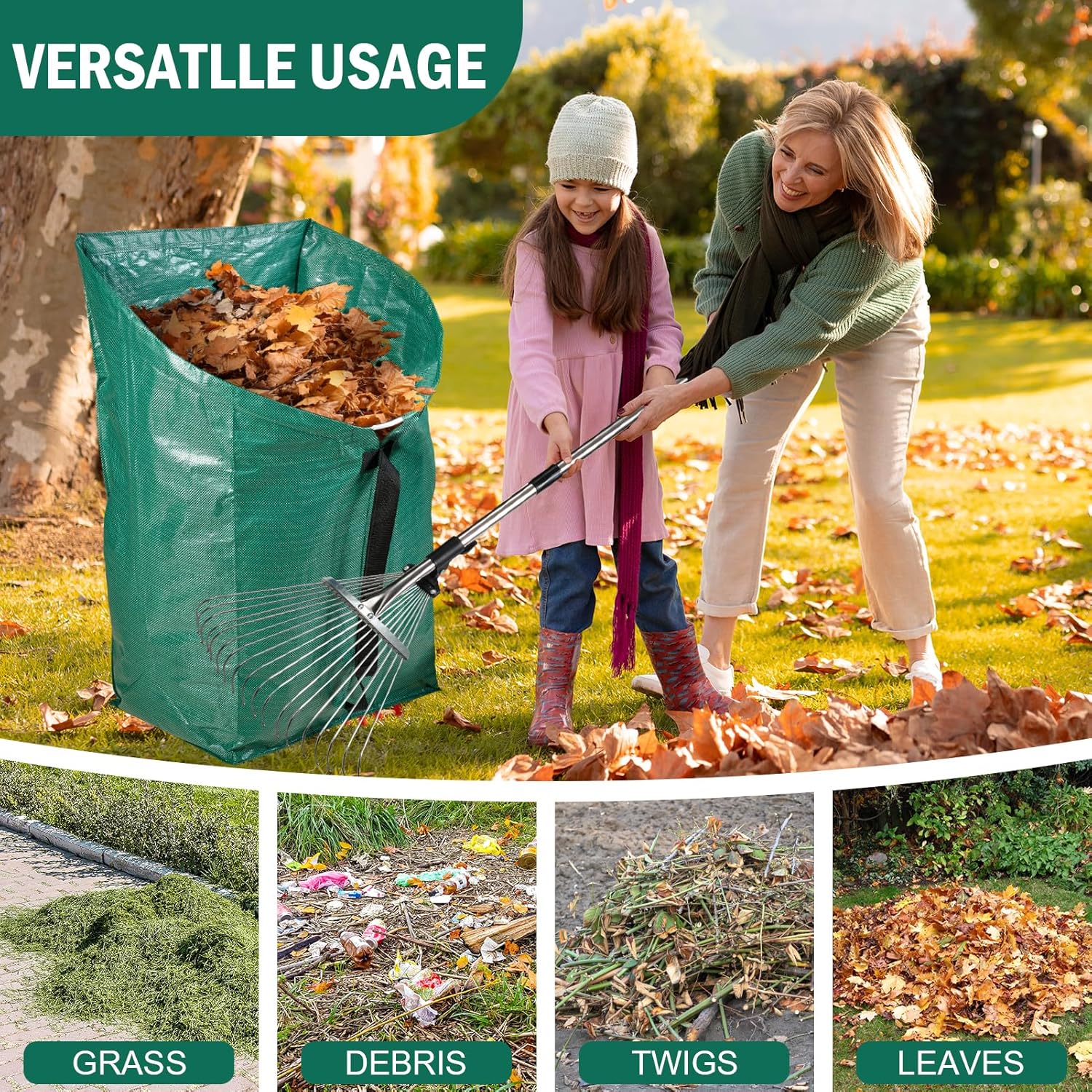 60Gallon Leaf Collector and Adjustable Metal Rake Set,Detachable 18 Tines Leaf Rake with Dustpan-Type Leaf Bag,Leaves Pick up Tool Set,Lawn and Leaf Collector Tool Kit for Lawn Yard Leaves,Shrub,Grass