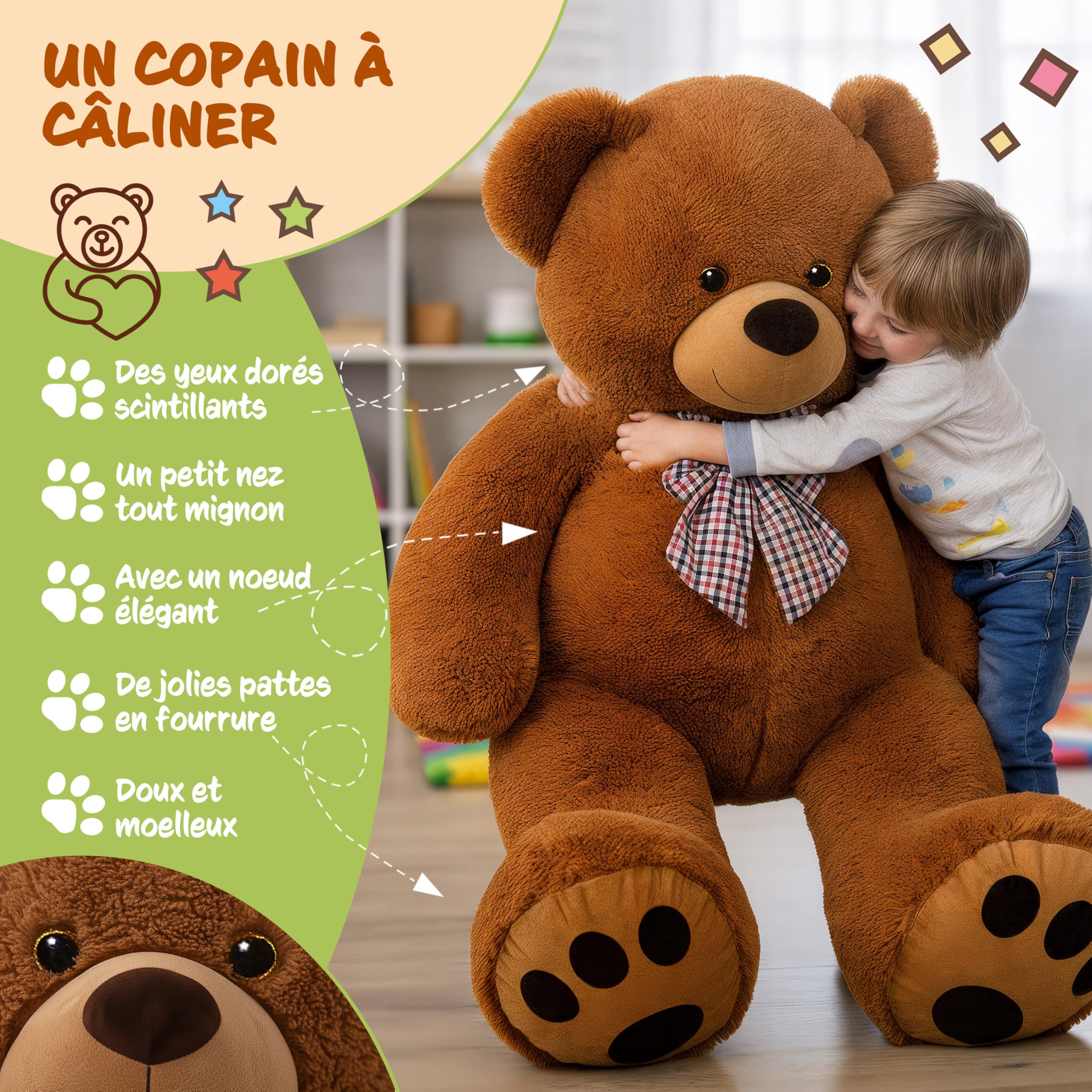 Monzana® Ours en Peluche Très Douce avec Noeud Papillon - Nounours 150cm Brun - Doudou Mignon Petit Ours Brun - Idée Cadeau Noël, Anniversaire, Saint-Valentin, Jouet Enfant
