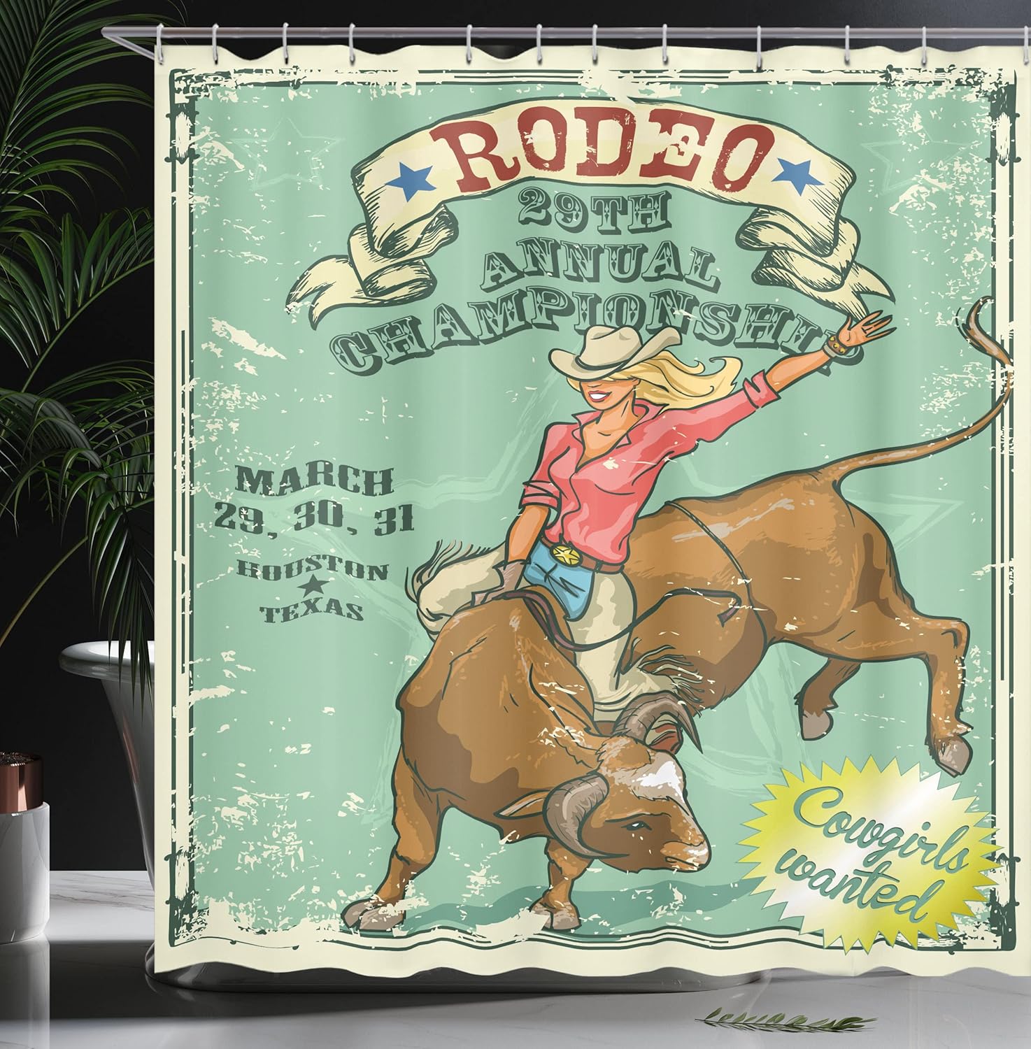 Ambesonne Retro Shower Curtain, Rodeo Cowgirl on The Bull Annual Championship Vintage Poster Pattern Grunge Design, Cloth Fabric Bathroom Decor Set with Hooks, 69" W x 84" L, Multicolor