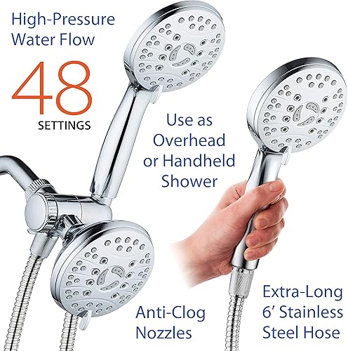 Miniatura 6 de AquaSpa Combo de lujo de 3 vías de alta presión de 48 modos  Cabezal de ducha doble lluvia y mano  Manguera de acero inoxidable extra larga de 6