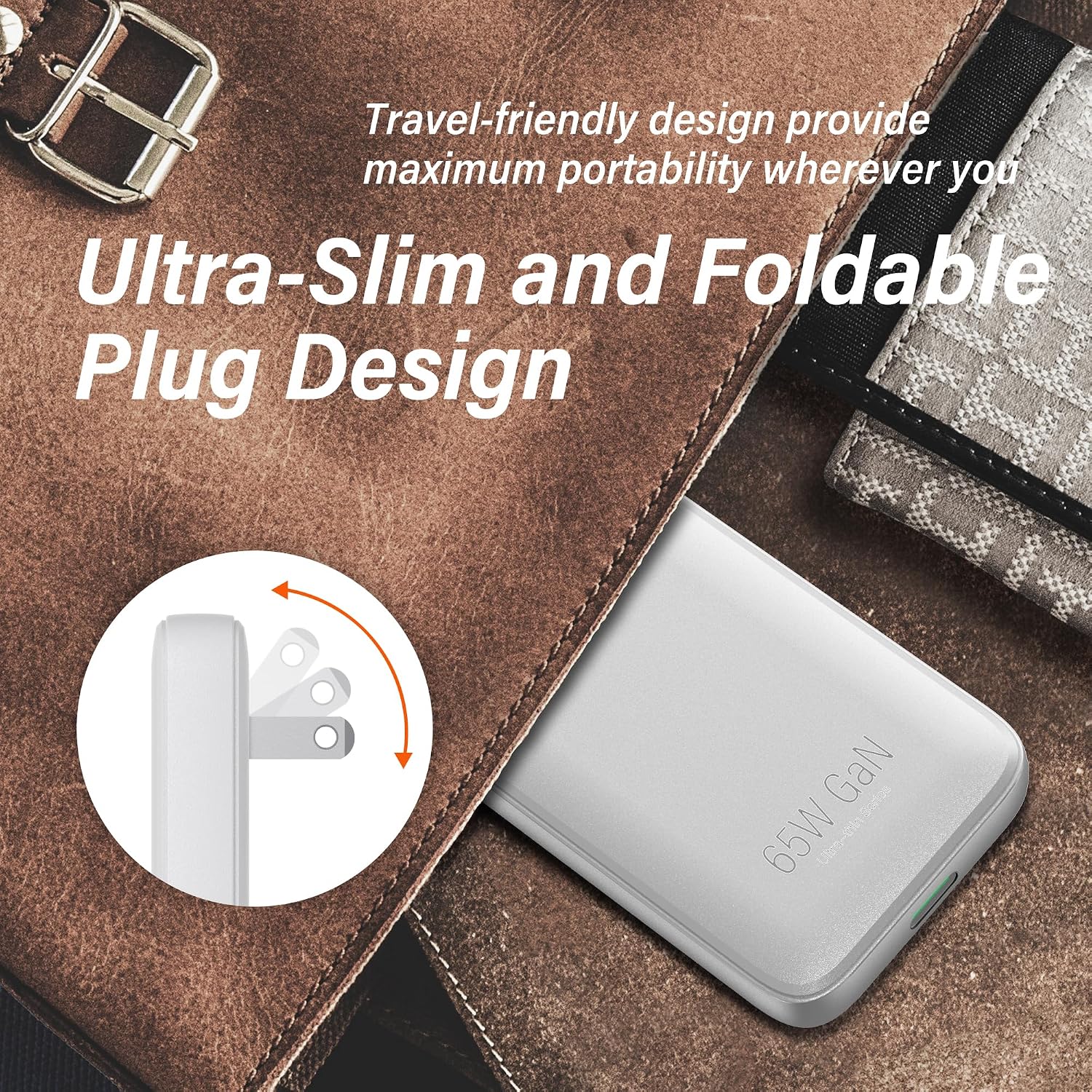 Flat USB C Wall Charger, 65W USB C Charger, Ultra Slim Wall Charger, Folding Travel Single Port GaN USB Wall Charger, for Laptops, Tablets, Phones (White-1C), FR065W-1C
