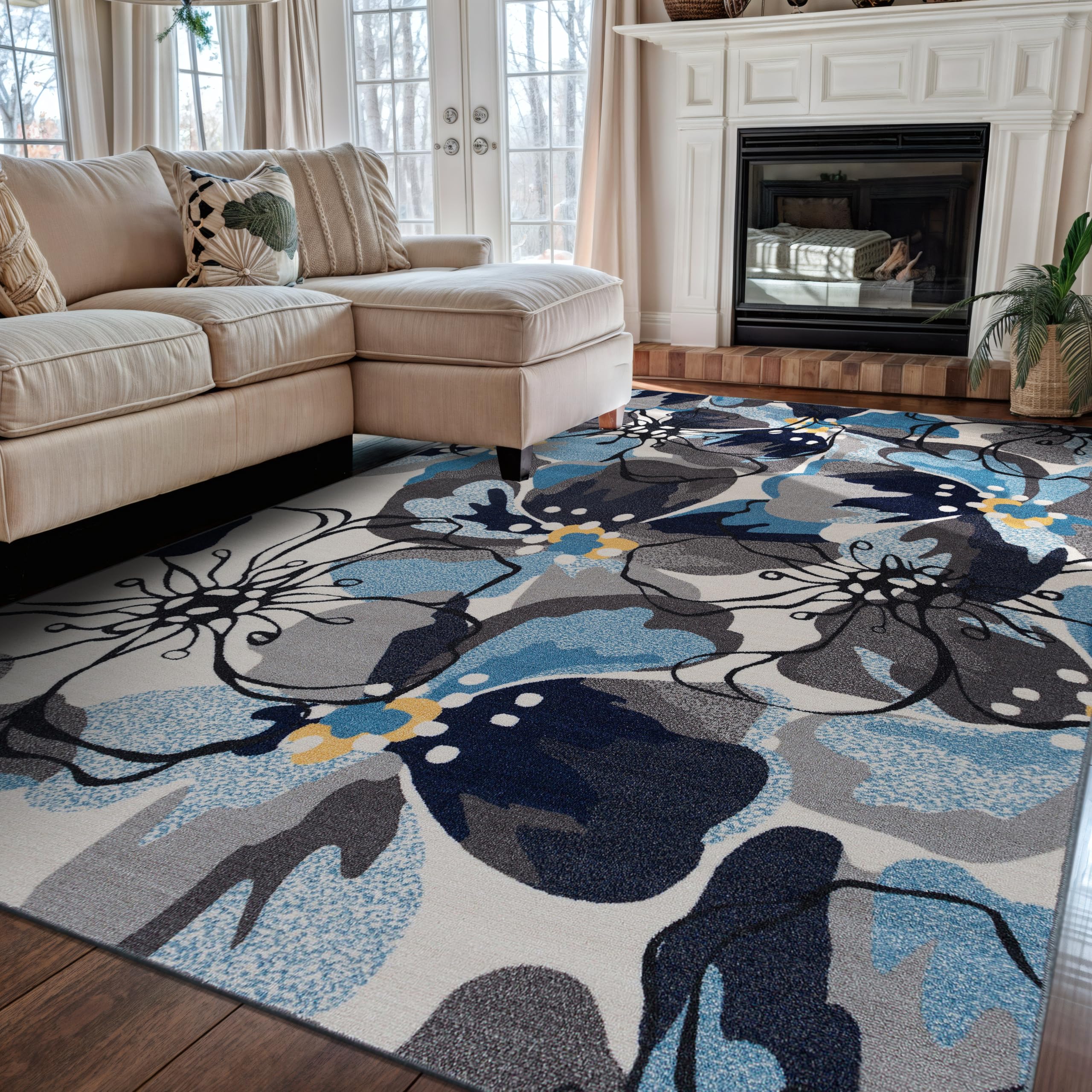 Rugshop Contemporary Gray-Blue Large Floral Non-Slip Area Rug for Living Room Bedroom,Kitchen Entryway 5'3" x 7'3" -Blue
