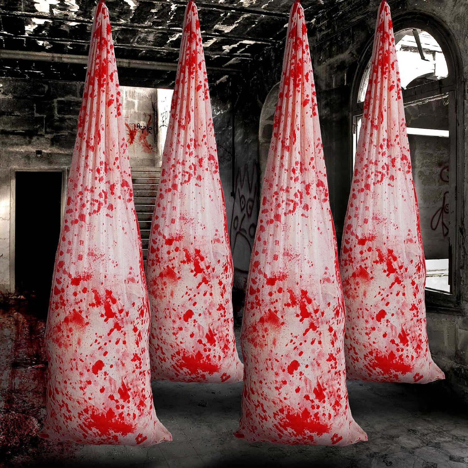 Sadnyy 4 Pcs Halloween Bloody Body Bag Decor Hanging Bloody Gauze Body Bag for Dead Bodies for Haunted House Halloween Party, Skull Not Included(Creepy)