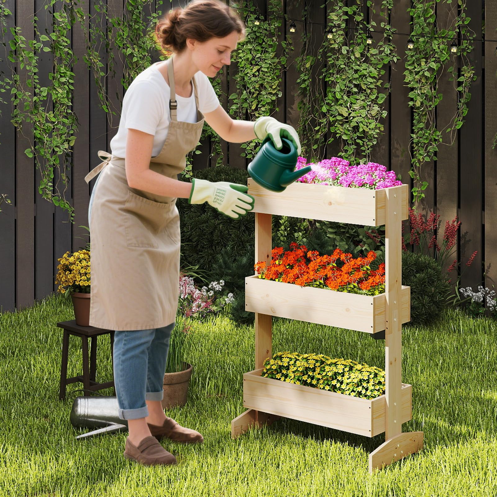 COSTWAY Jardinera Vertical de Madera, Huerto Urbano Terraza de 3 Niveles, Jardinera Flores Plantas Soporte, 69 x 39 x 109 cm, Caja de Plantación para Jardín Balcón, Natural