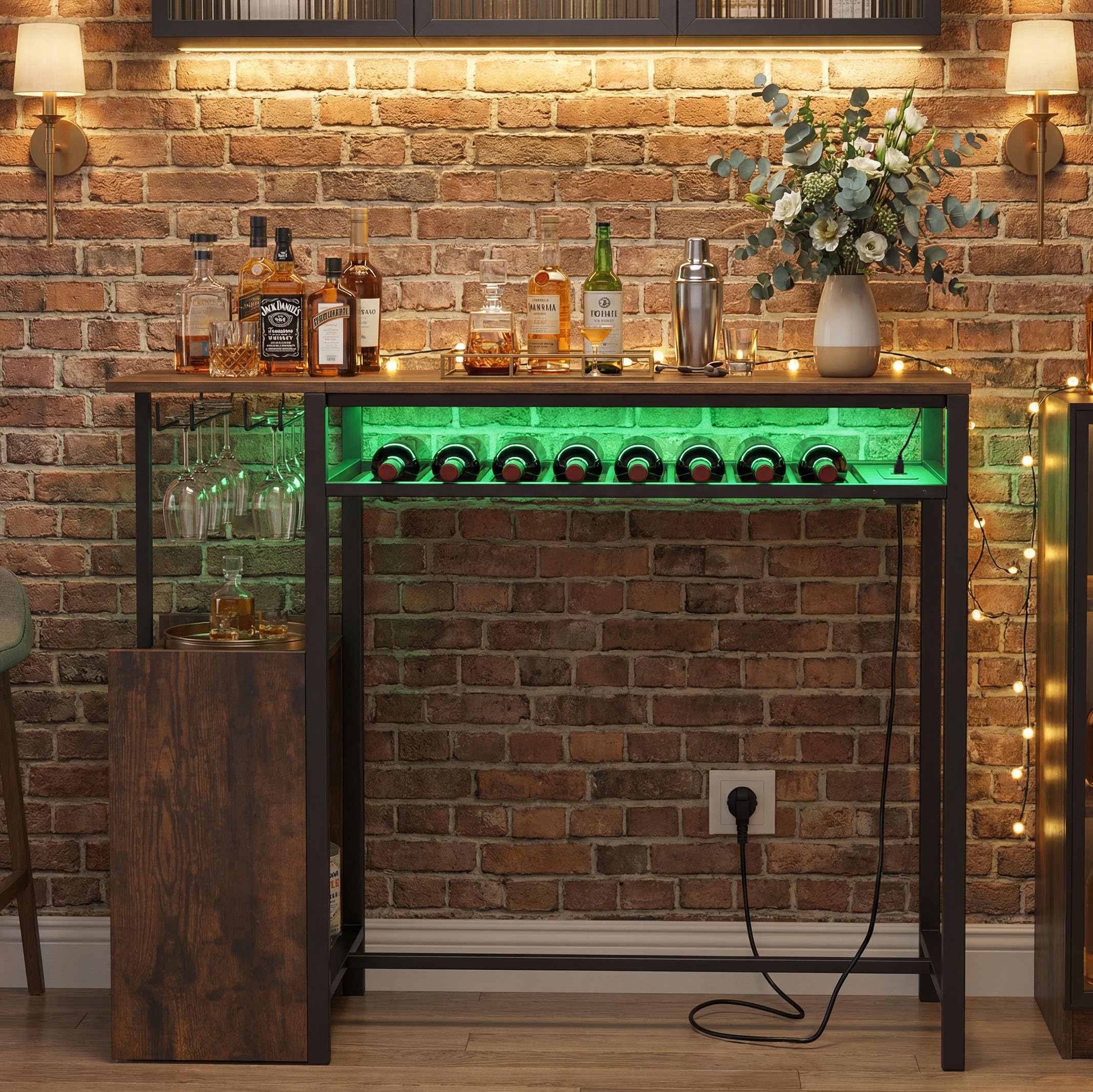 COSTWAY Tavolo da Bar con Luce Regolabile, Tavolino Alto con Stazione di Ricarica, Portabottiglie e Portabicchieri, Tavolino da Cucina per Soggiorno e Sala da Pranzo, 110 x 40 x 92 cm