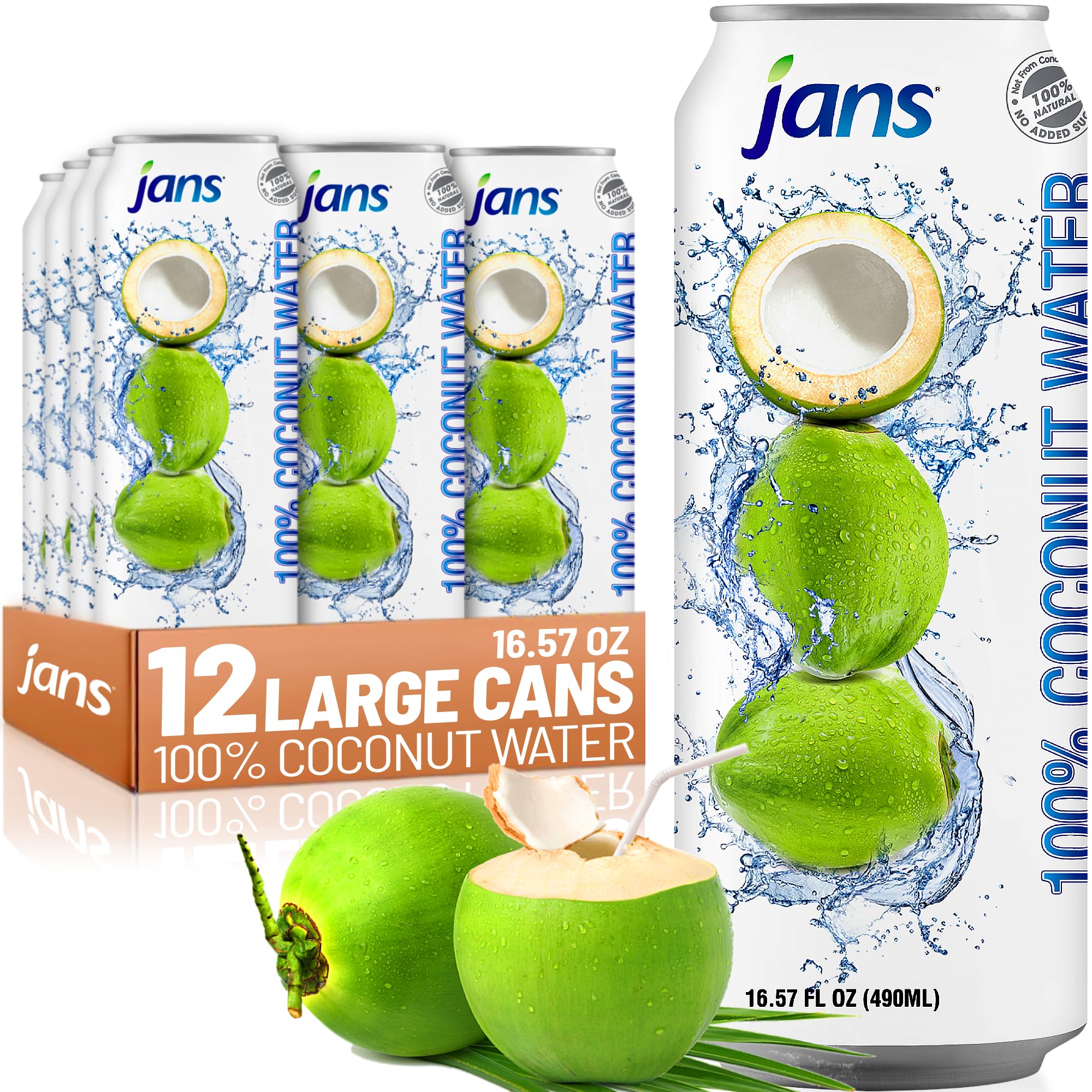 Jans 100% Coconut Water, NO Added Sugar, With Pulp, Refreshingly Delicious, Hydration with Electrolytes, 16.57 Fl Oz (Pack of 12)