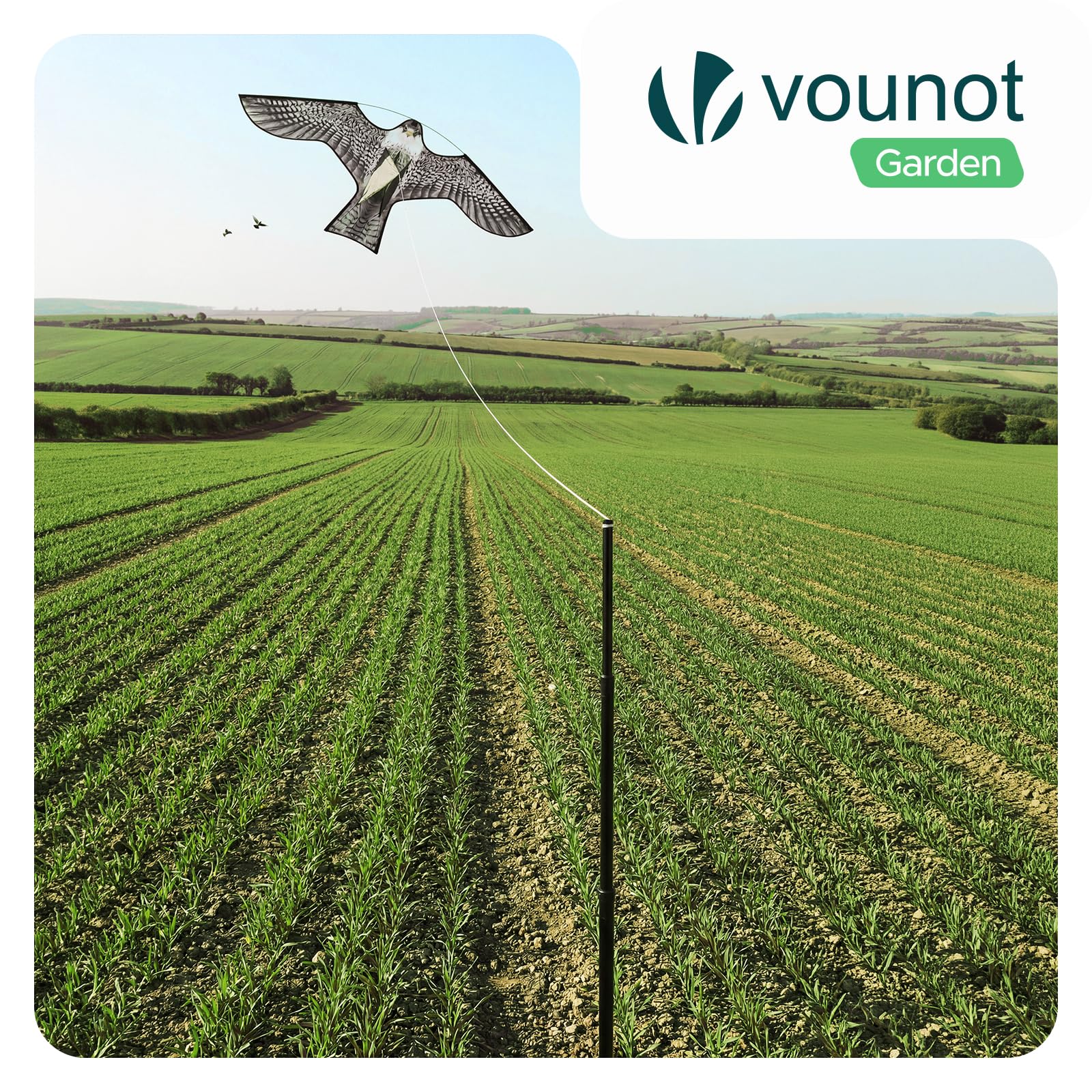 VOUNOT® Cerf Volant Effaroucheur Oiseaux Faucon Réaliste Répulsif Oiseaux Extérieur avec Mât Télescopique 4m et 2 Cerfs Volants Interchangeables