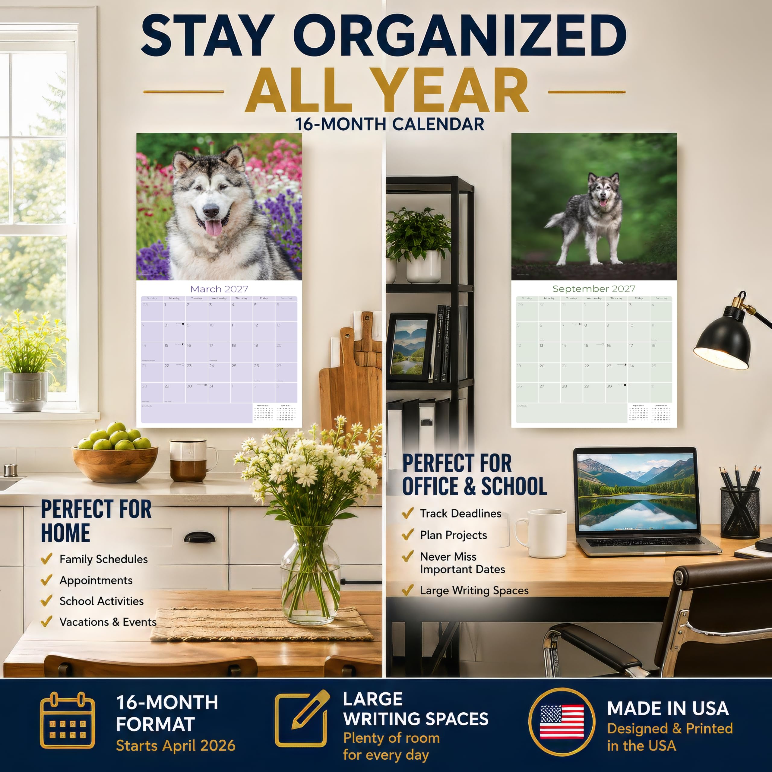 Alaskan Malamute Kalender 2027, 16-Monats-Wandkalender 2026 2027, Geschenk für Hundeliebhaber, dickes 100# Papier, große Schreibblöcke, hergestellt in den USA, Schlittenhund, Dekoration