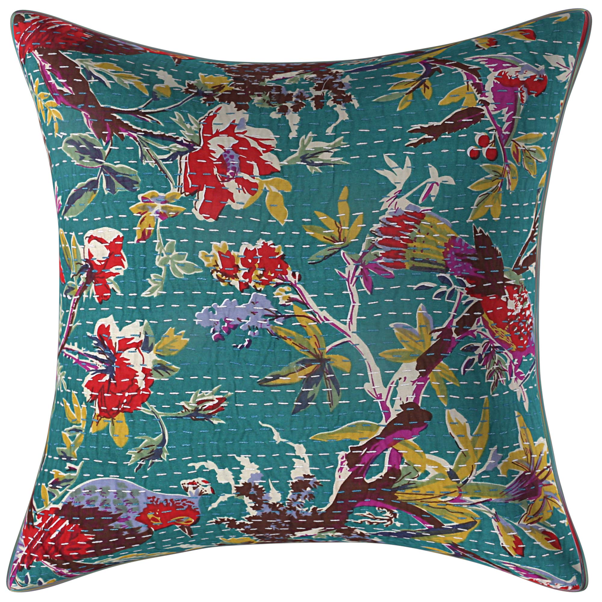 Janki CreationGreen Kantha Birds Print Cotton Cushion Pillow Handmade 16'' Square Pillow Case Home Decor (1)