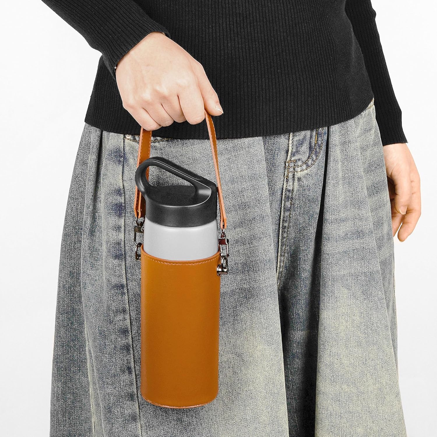 Linkidea Vegan Leather Water Bottle Carrier with Strap Compatible with CamelBak Carry Cap, Waterbottle Sling Bag Holder with Adjustable Shoulder Strap, Brown - Image 5