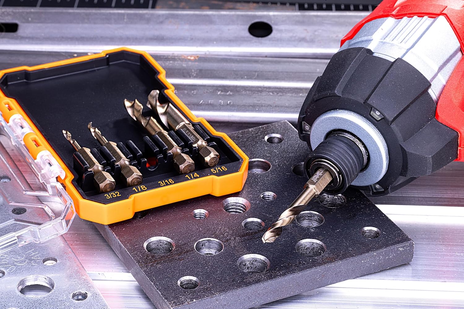 NordWolf 5-Piece M35 Cobalt Stubby Drill Bit Set for Stainless Steel & Hard Metals, with 1/4" Hex Shank for Quick Chucks & Impact Drivers, SAE Sizes 3/32"-1/8"-3/16"-1/4"-5/16" in Storage Box