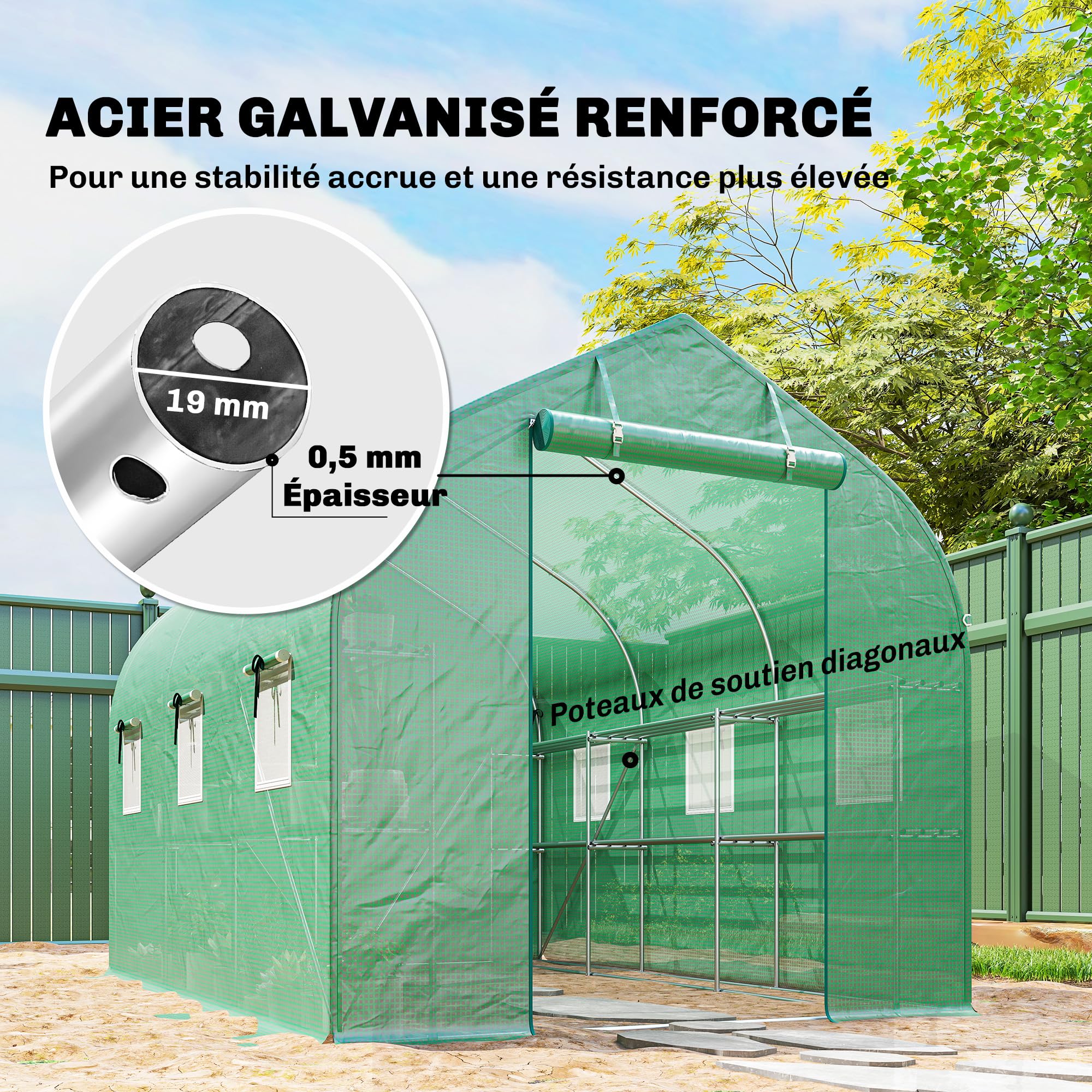 Outsunny Serra Tunnel 6m² con Ripiani 198x293x194cm Porta Verde | Serra da giardino, telaio acciaio zincato, 6 finestre, per esterno, tutte stagioni, copertura PE alta densità 140 g/m²