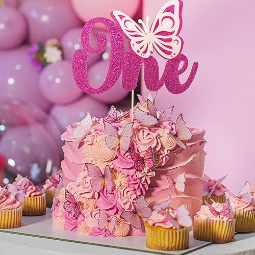 Miniatura 6 de Gyufise 1 decoración de mariposa para pastel con purpurina roja rosa para baby shower, 1er cumpleaños, decoración para fiesta de cumpleaños de 1er