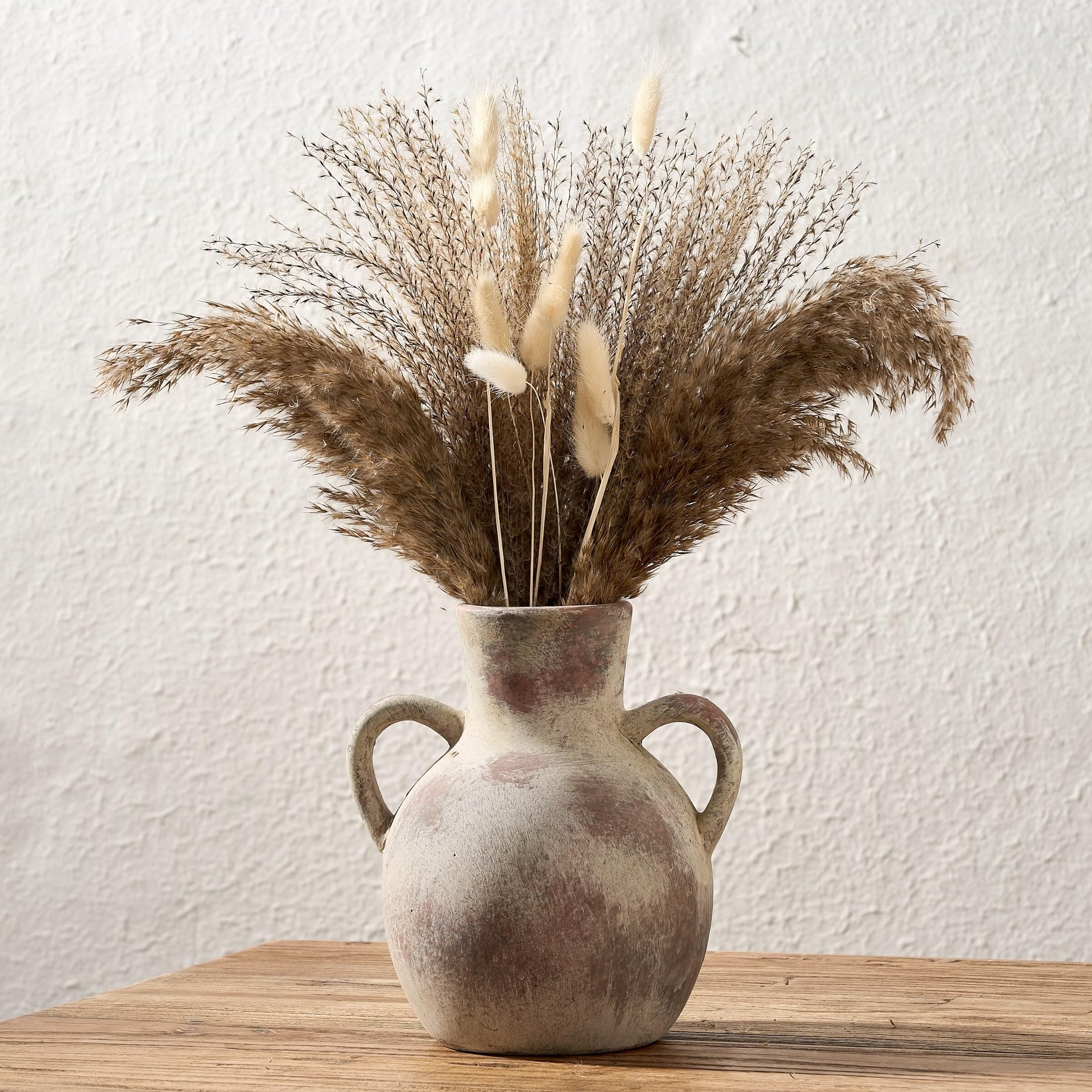 SIDUCAL Rustic Ceramic Farmhouse Flower Vase with 2 Handles, Whitewashed Terra Cotta Vase, Decorative Pottery Flower for Home Decor, Table, Living Room, Shelf Decor, 7.3 Inch, Terra