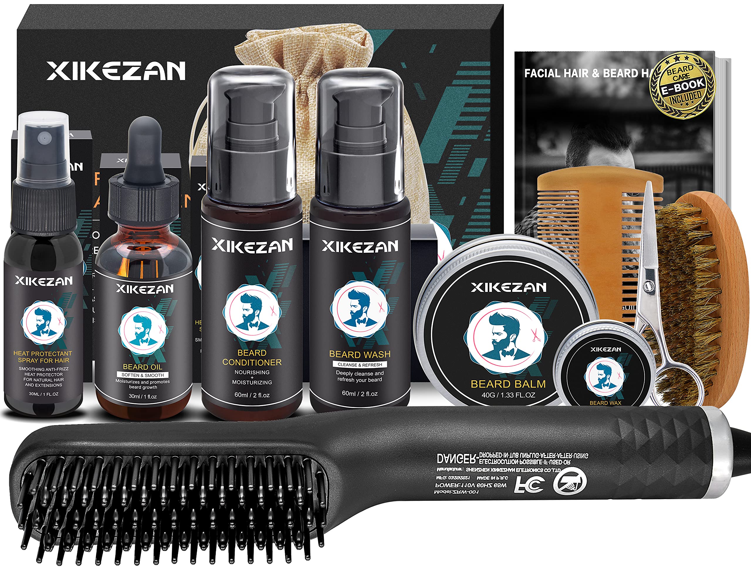 Beard Straightener Kit,Beard Growth Grooming Kit w/Beard Straightener,Heat Protectant Spray