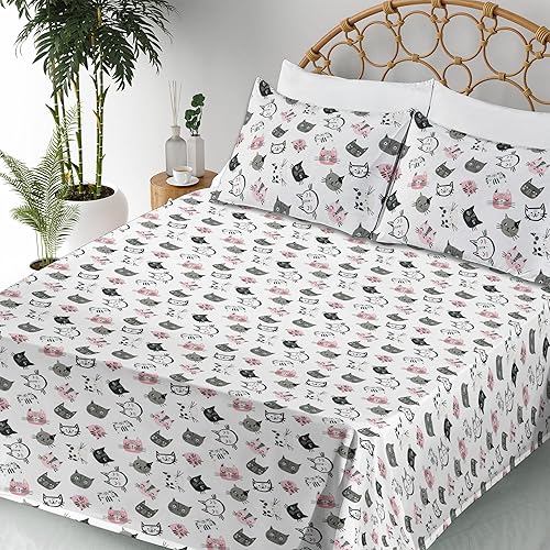 Miniatura 3 de Ambesonne Cat Sheet Set, Little Kitty Faces Animal Cartoon Style Pattern Minimal Funny Drawing, Fitted and Flat Sheet with Pillowcases Bedding