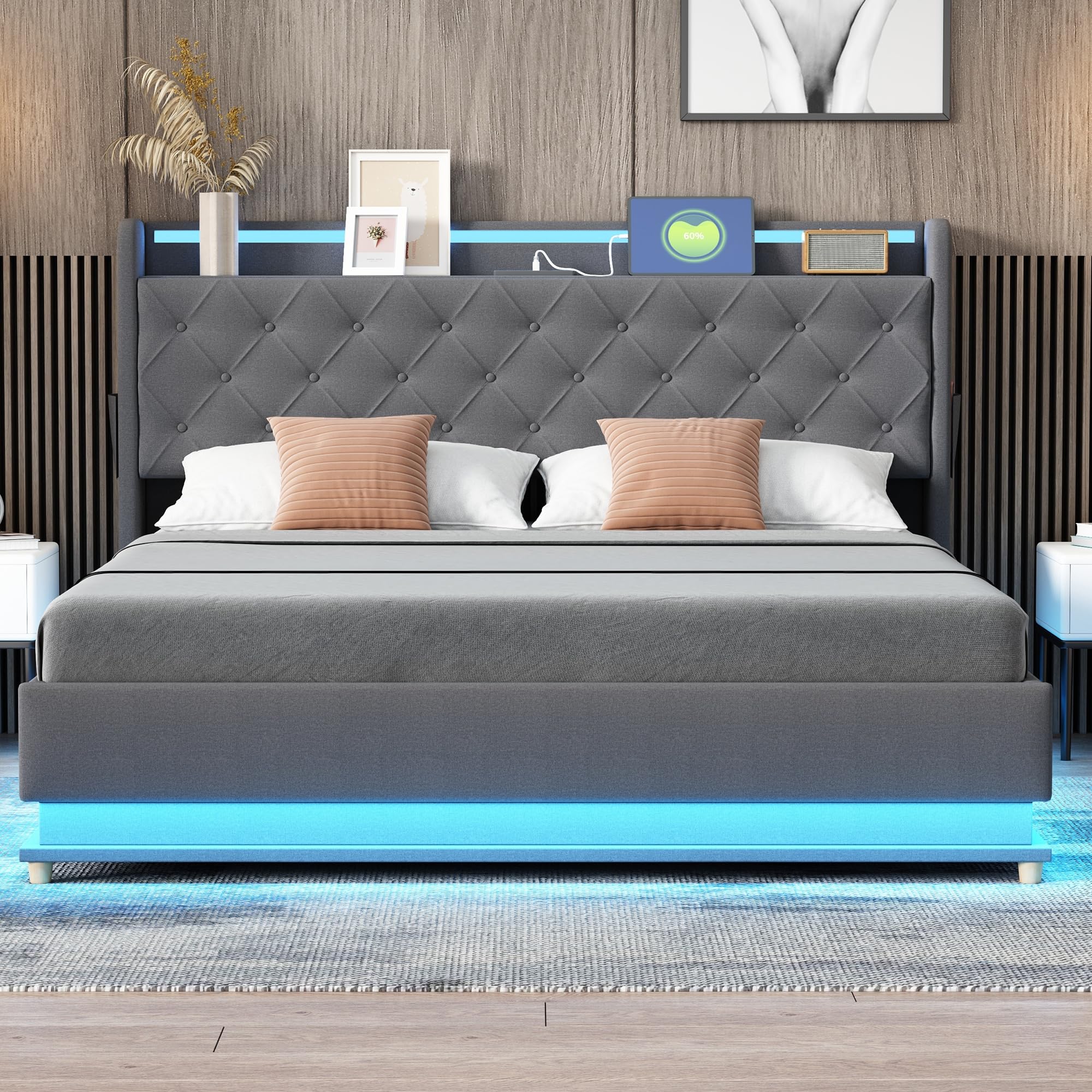 Cama Matrimonio 160x200 cm, Cama Tapizada con USB y Iluminación LED, Estructura Cama Doble con Almacenaje Hidráulica, Camas Matrimoniales con Láminas de Metálicas, Lino, Gris, Sin Colchón
