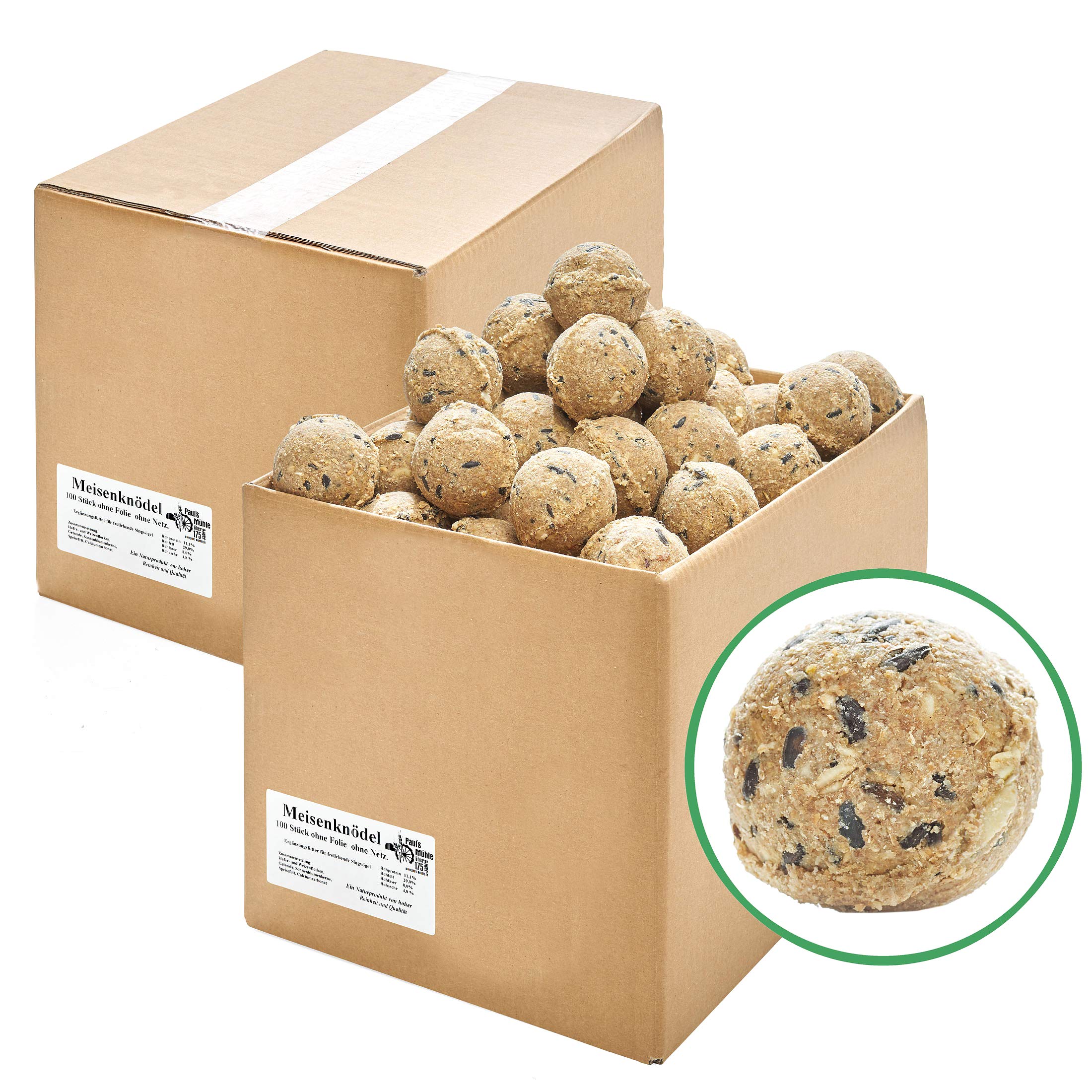 Paul's Mühle Meisenknödel für Wildvögel, ohne Netz, ohne Folie im Karton, 200 Stück, 90 g pro Knödel